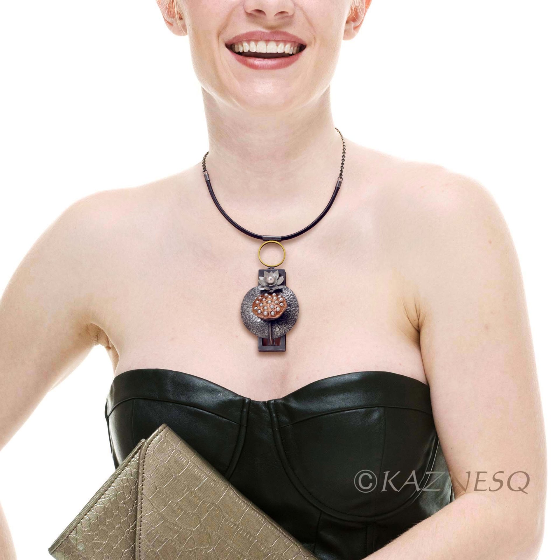(C) KAZNESQ: Lotus Seedpod and Flower oxidized silver freshwater pearls pendant