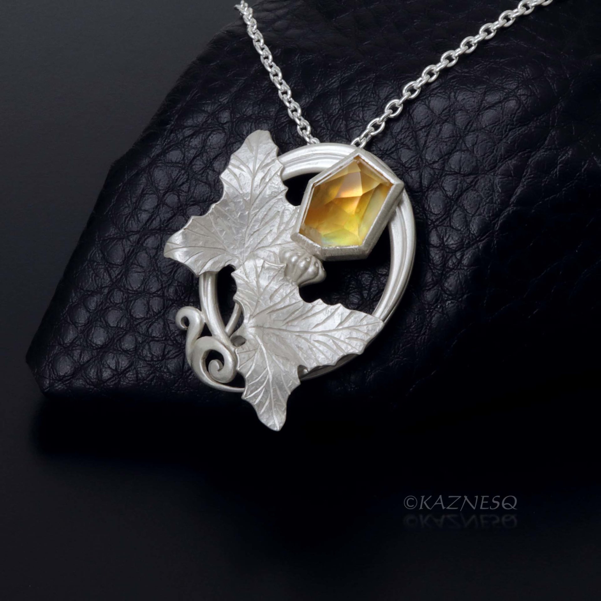 (C) KAZNESQ: Art Nouveau style Flower and Leaf motif Citrine lined with MOP