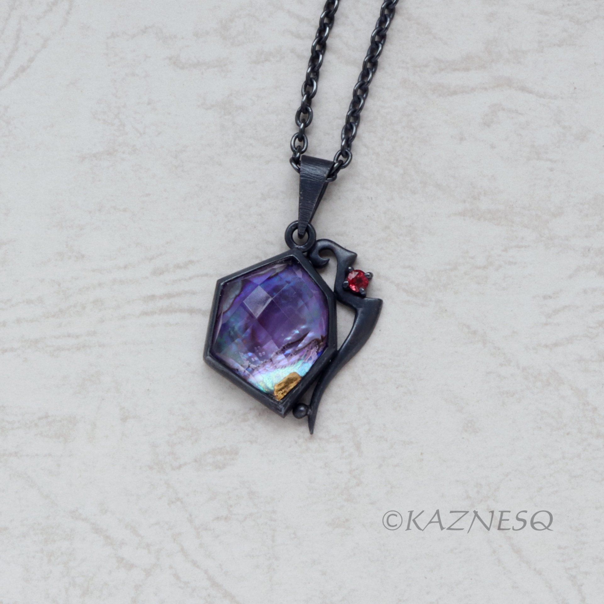 (C) KAZNESQ: Amethyst lined with Paua shell oxidized silver Hexagon pendant neck
