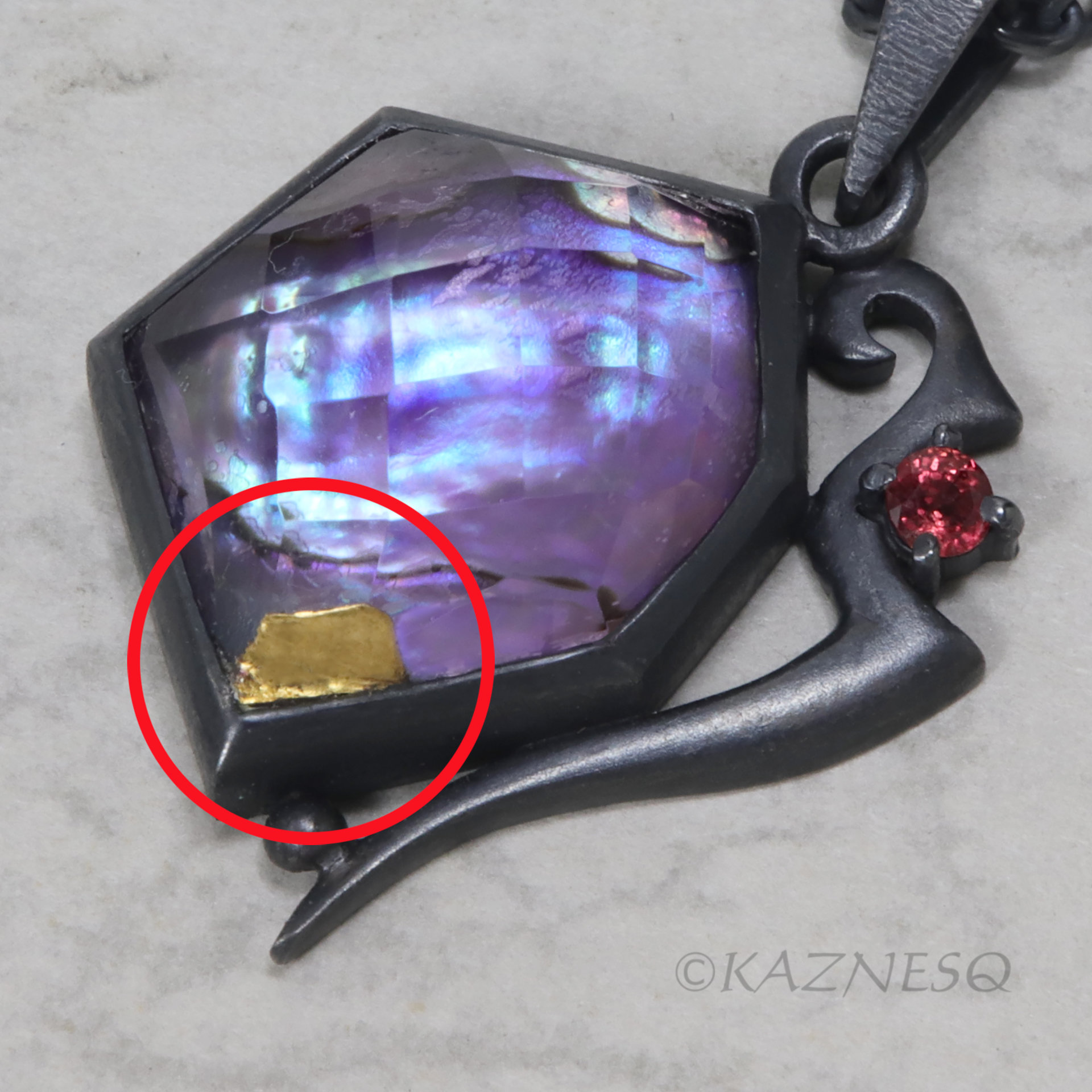 (C) KAZNESQ: Amethyst lined with Paua shell oxidized silver Hexagon pendant neck