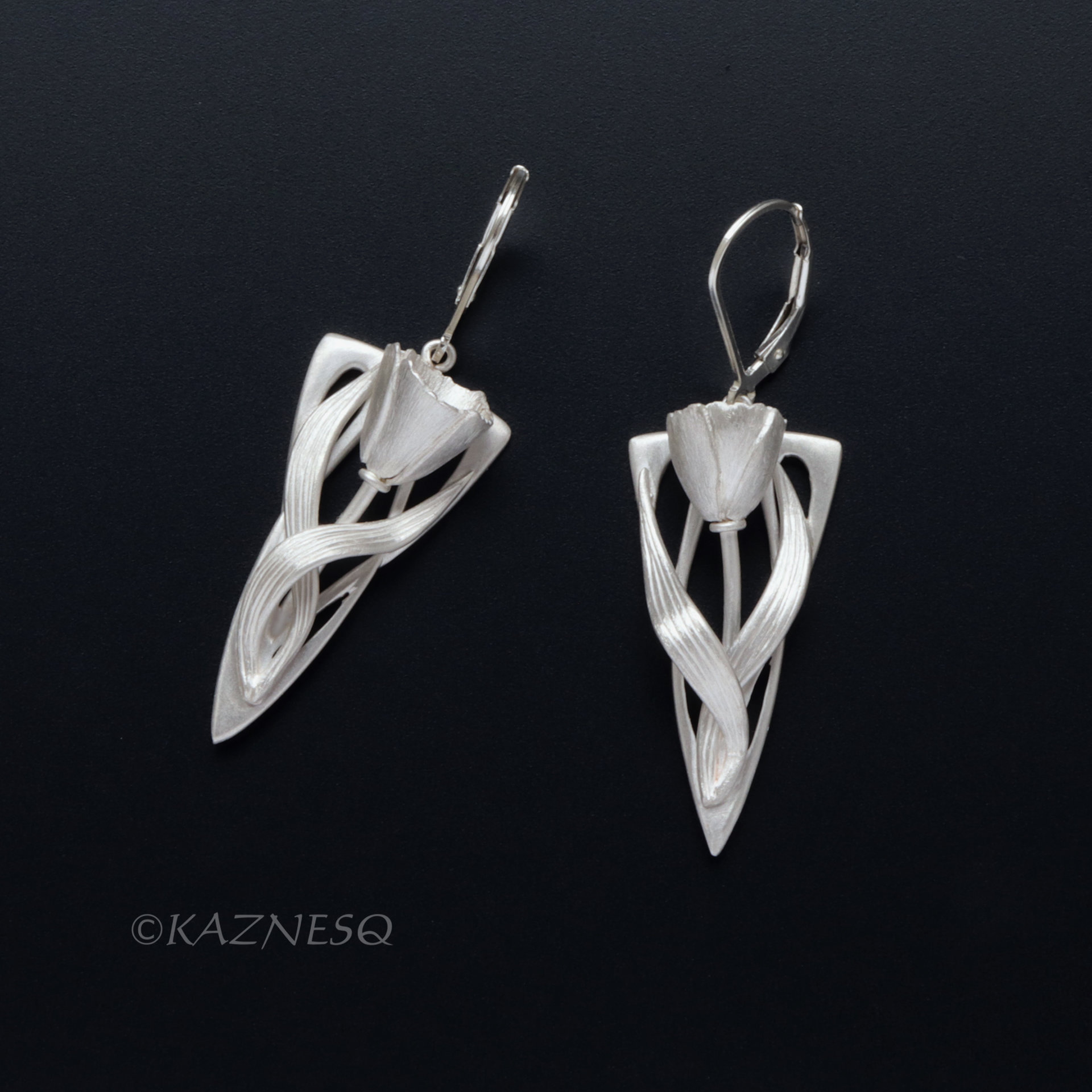 (C) KAZNESQ: Art Nouveau style Floral Silver earrings with hidden Akoya