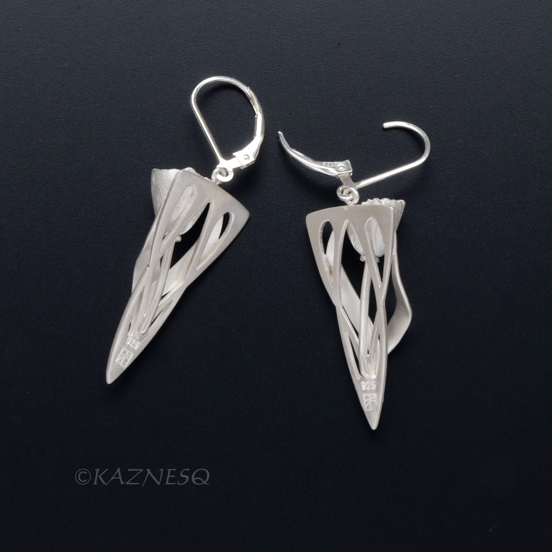 (C) KAZNESQ: Art Nouveau style Floral Silver earrings with hidden Akoya