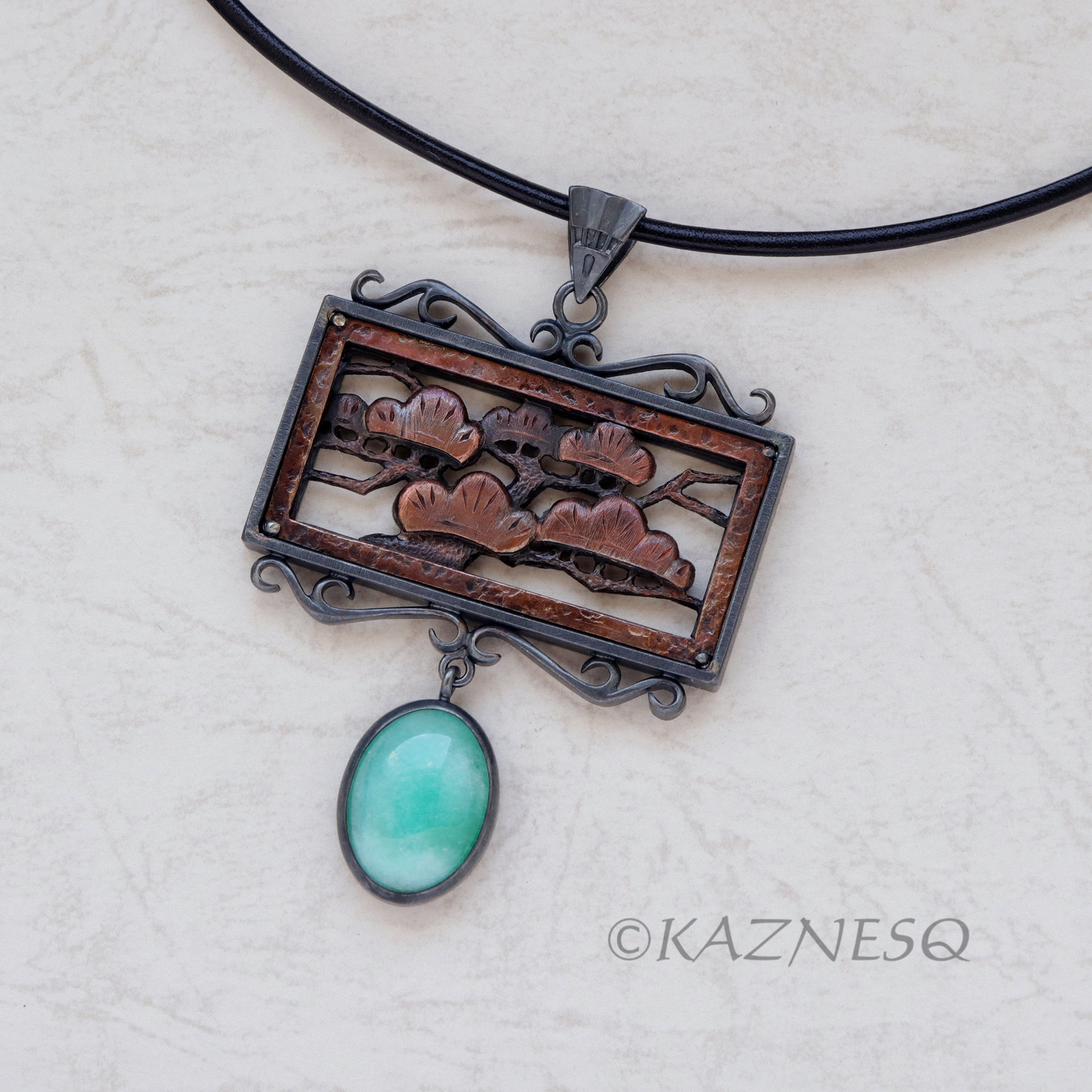 (C) KAZNESQ:Japanese Pine Tree pattern copper and oxidized silver pendant neckla