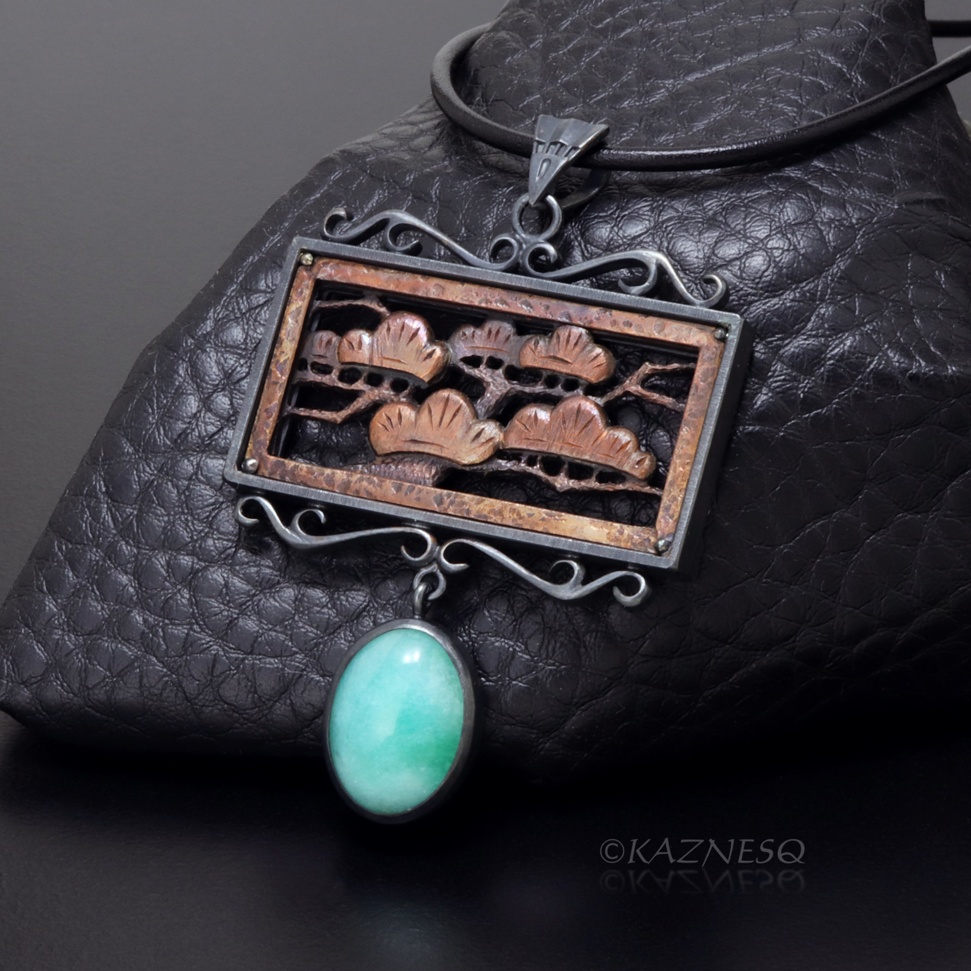 (C) KAZNESQ:Japanese Pine Tree pattern copper and oxidized silver pendant neckla