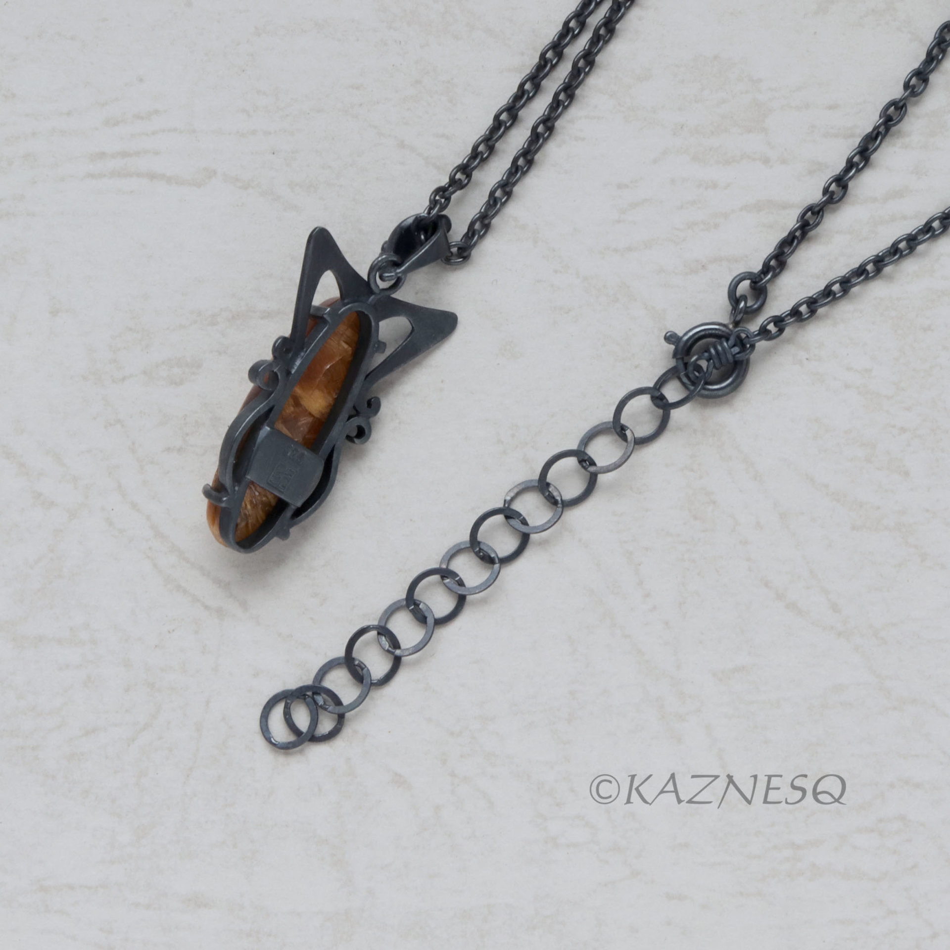 (C) KAZNESQ: Art Nouveau style Long Oval Rutilated Quartz oxidized silver pendan