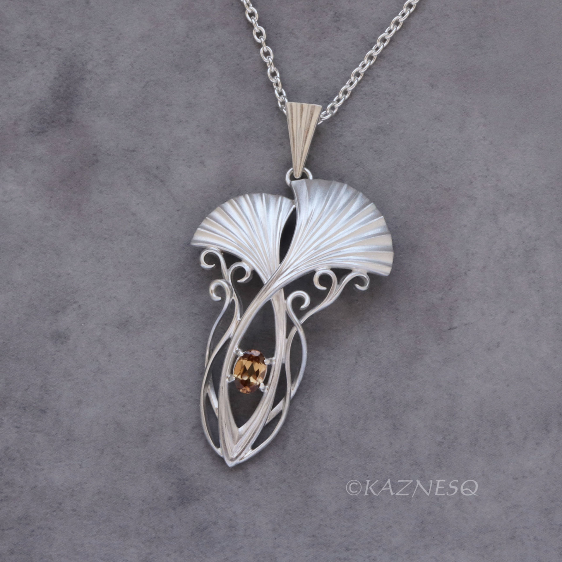 (C) KAZNESQ: Art Nouveau style Ginkgo Leaves Silver pendant necklace with Natura
