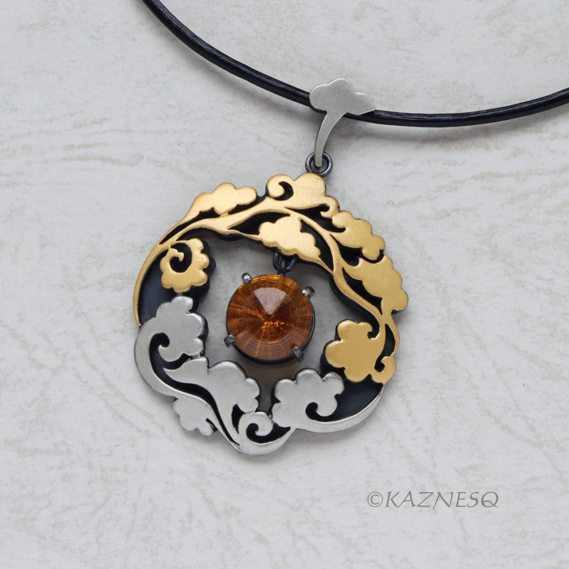 Asian Happy Cloud motif Keum Boo pendant of silver and citrine