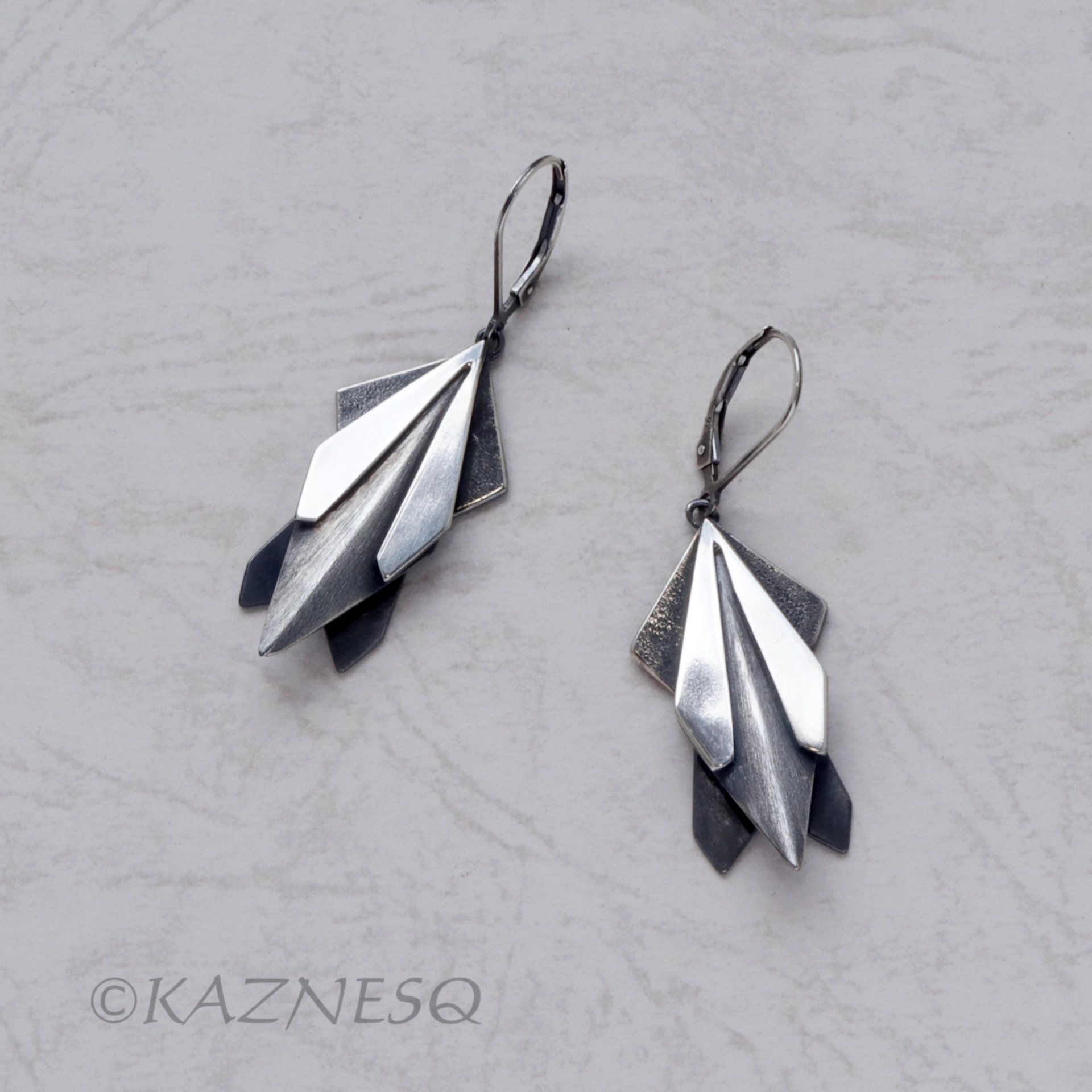 (C) KAZNESQ: Modern Sculptural Monochromatic Black and Silver Oxidized Earrings