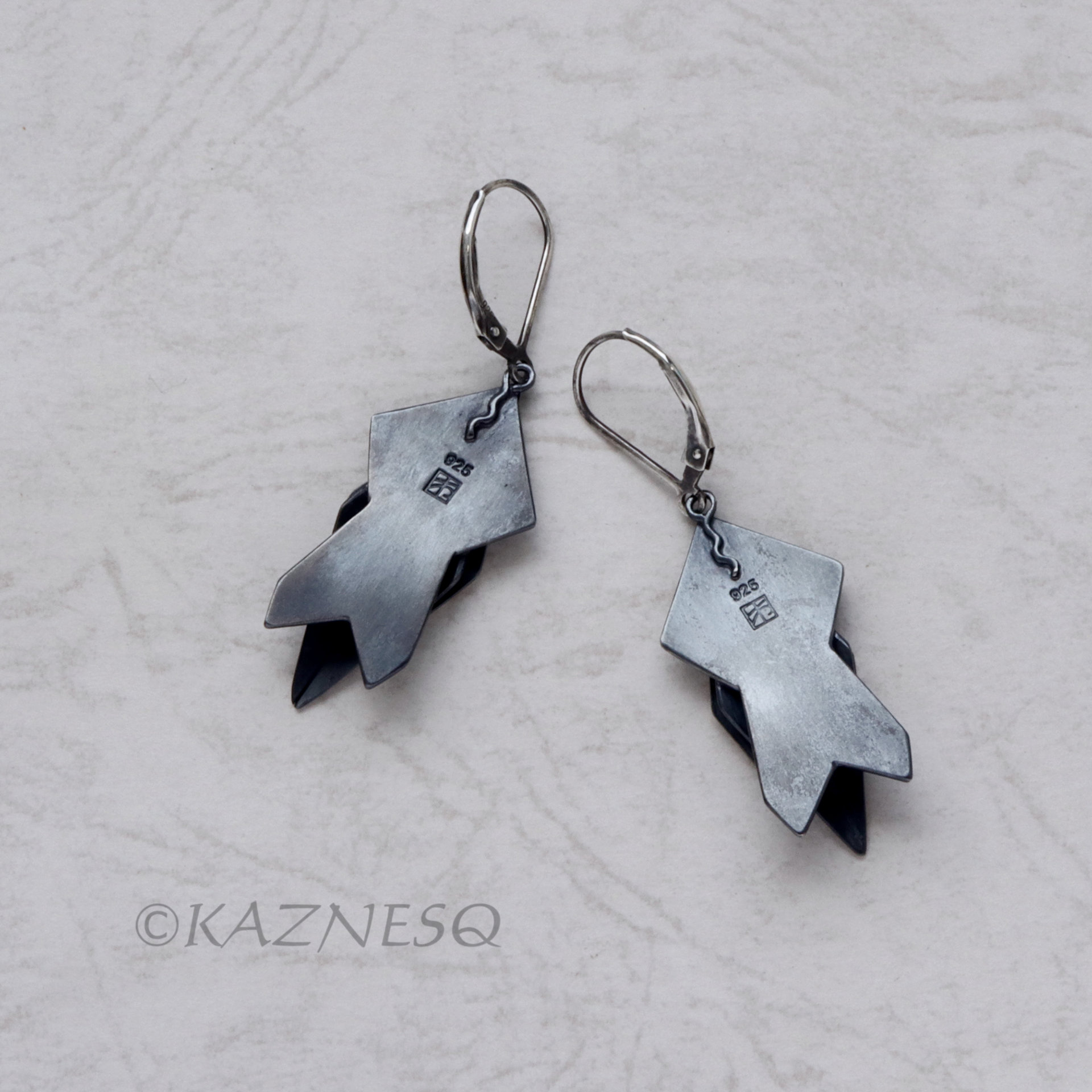 (C) KAZNESQ: Modern Sculptural Monochromatic Black and Silver Oxidized Earrings