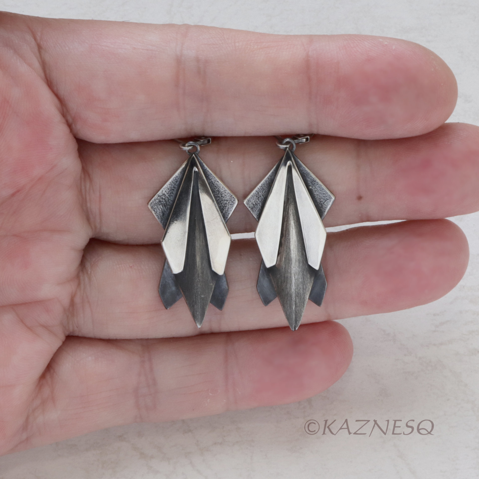 (C) KAZNESQ: Modern Sculptural Monochromatic Black and Silver Oxidized Earrings