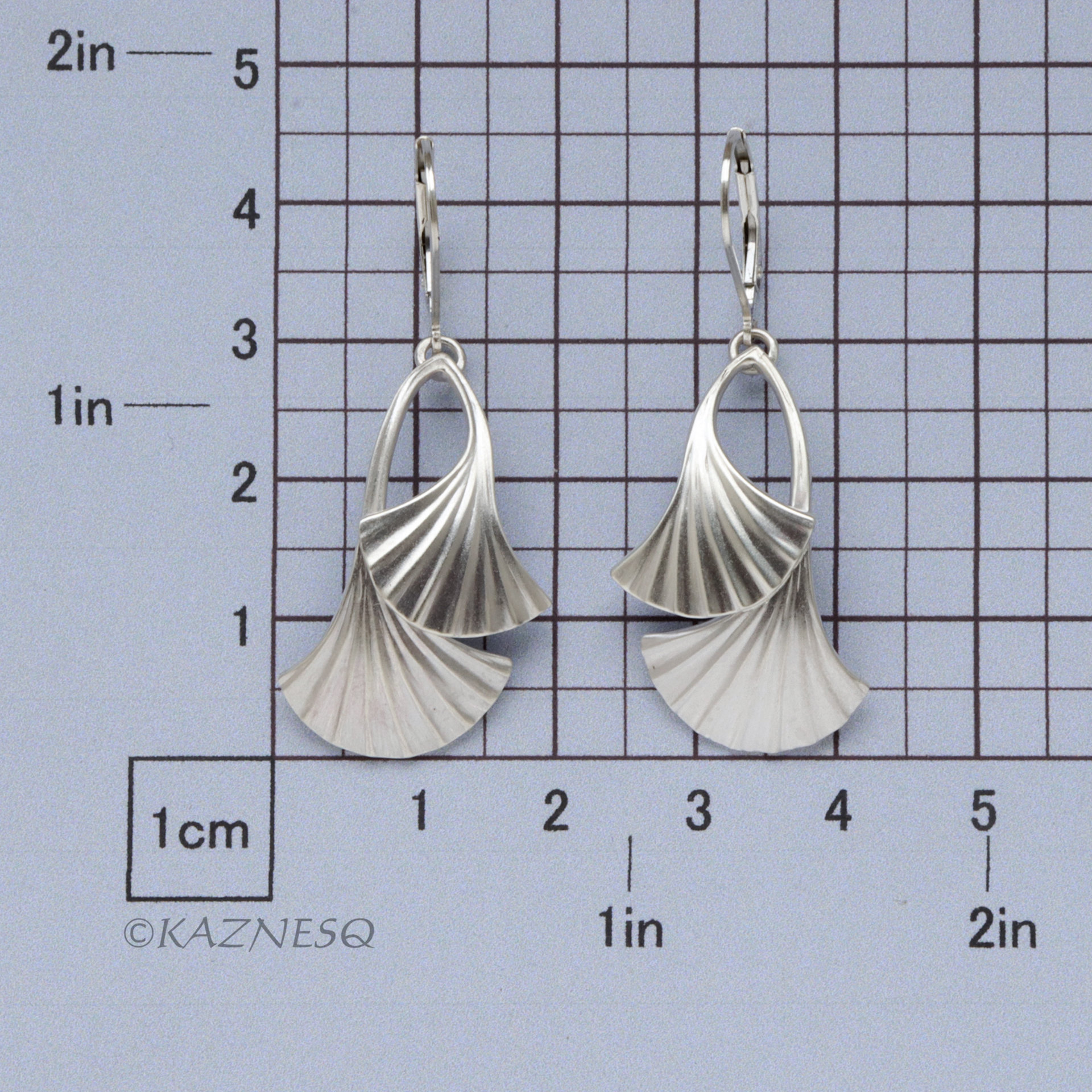 (C) KAZNESQ: Ginkgo motif matte finished silver earrings with filed veins