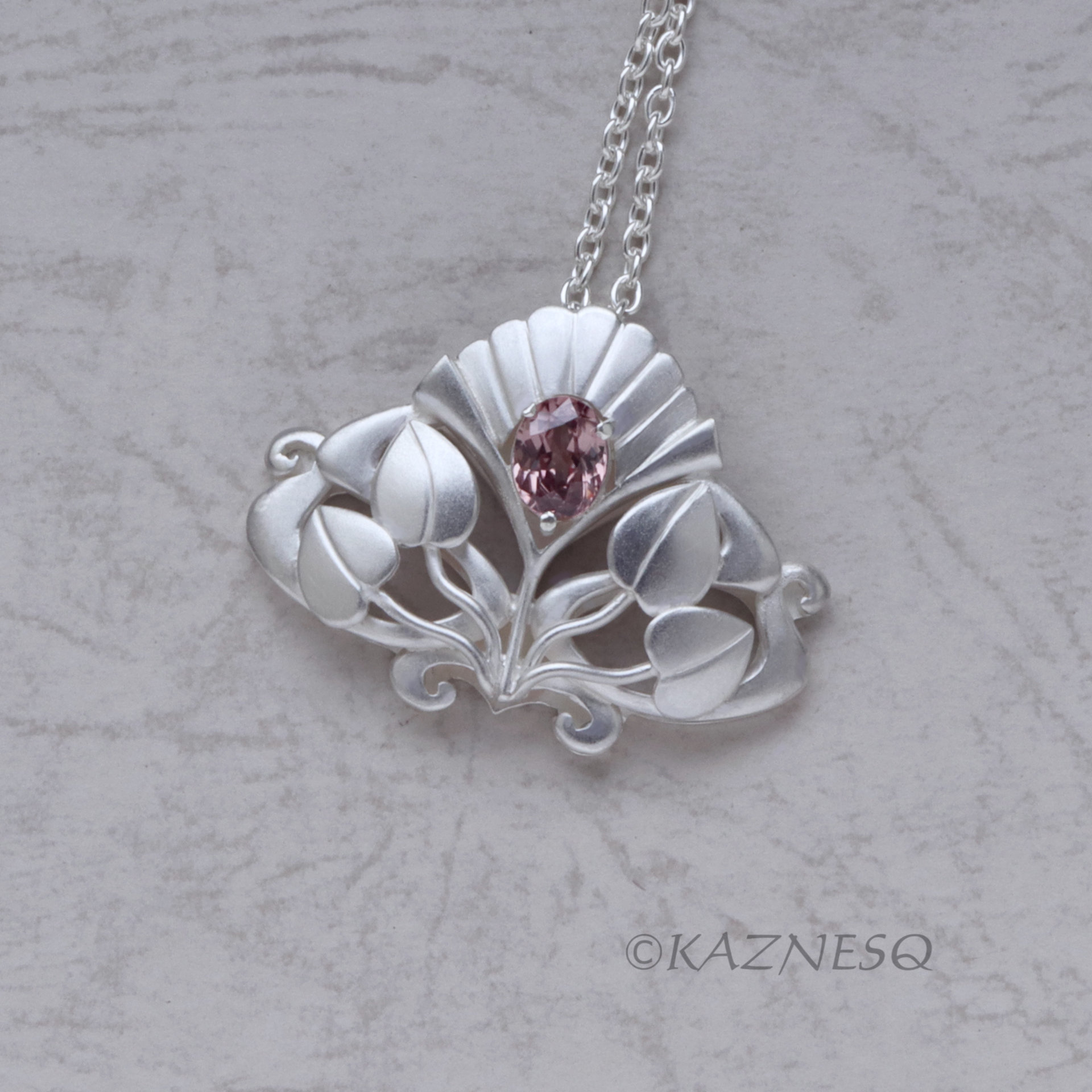 (C) KAZNESQ: Art Nouveau style matte finished silver floral pendant necklace wit