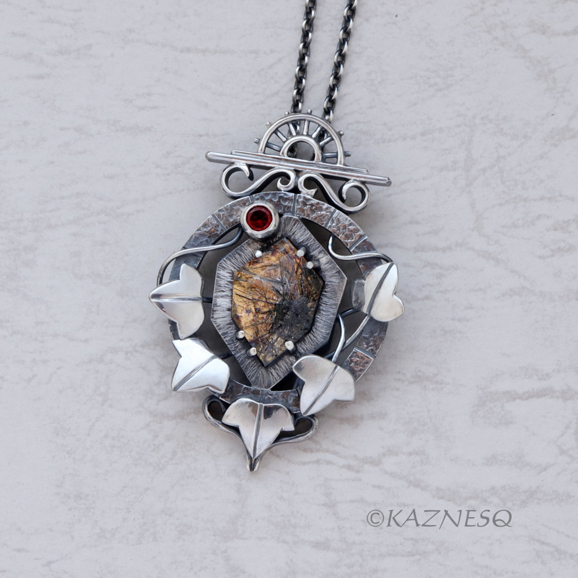 (C) KAZNESQ: Black Tourmaline Quartz lined with Gold Foil Oxidized Silver Clock
