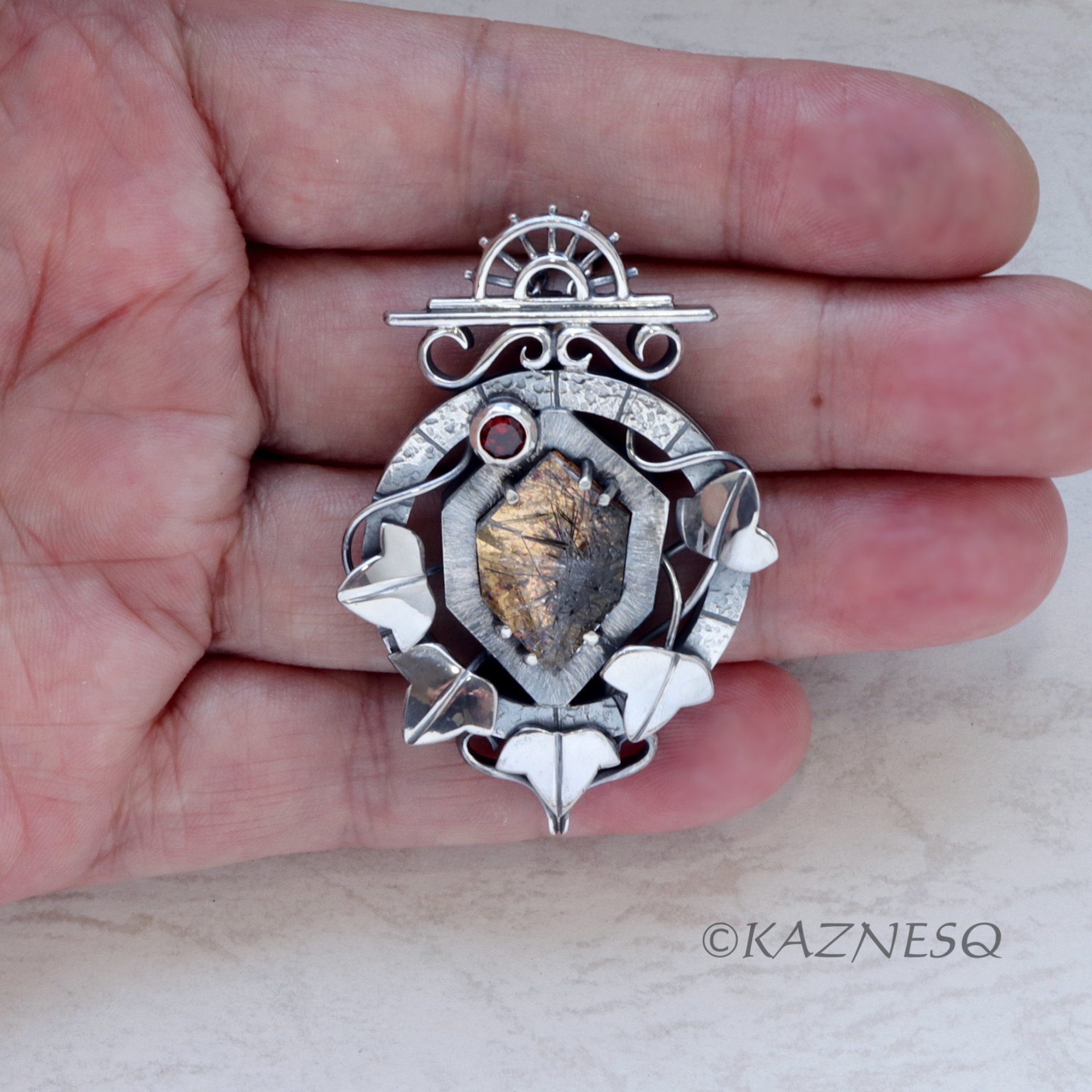 (C) KAZNESQ: Black Tourmaline Quartz lined with Gold Foil Oxidized Silver Clock