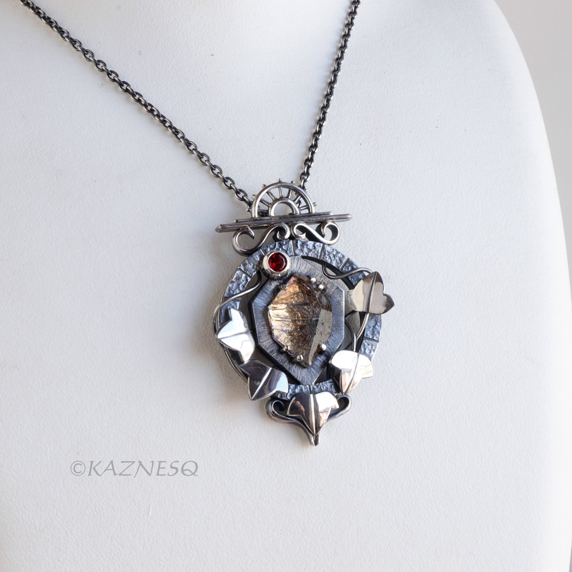 (C) KAZNESQ: Black Tourmaline Quartz lined with Gold Foil Oxidized Silver Clock