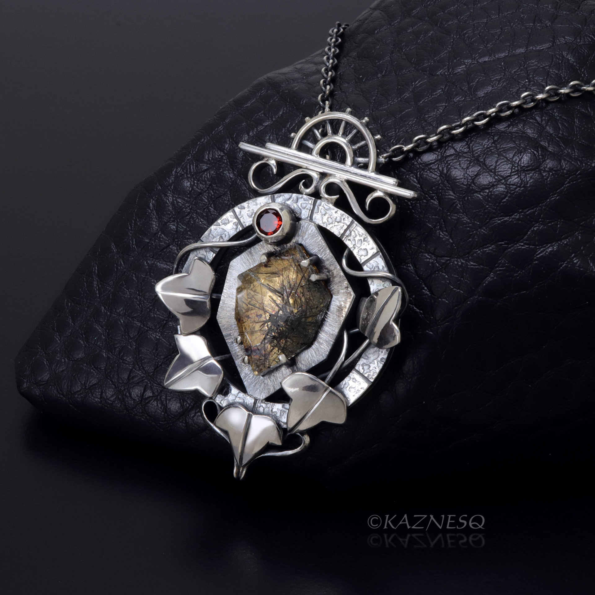 (C) KAZNESQ: Black Tourmaline Quartz lined with Gold Foil Oxidized Silver Clock