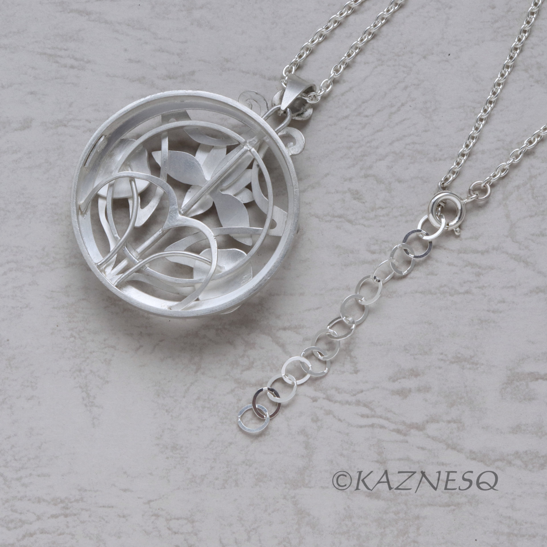 (C) KAZNESQ: Art Nouveau style Lotus Flower Matte Silver pendant Necklace
