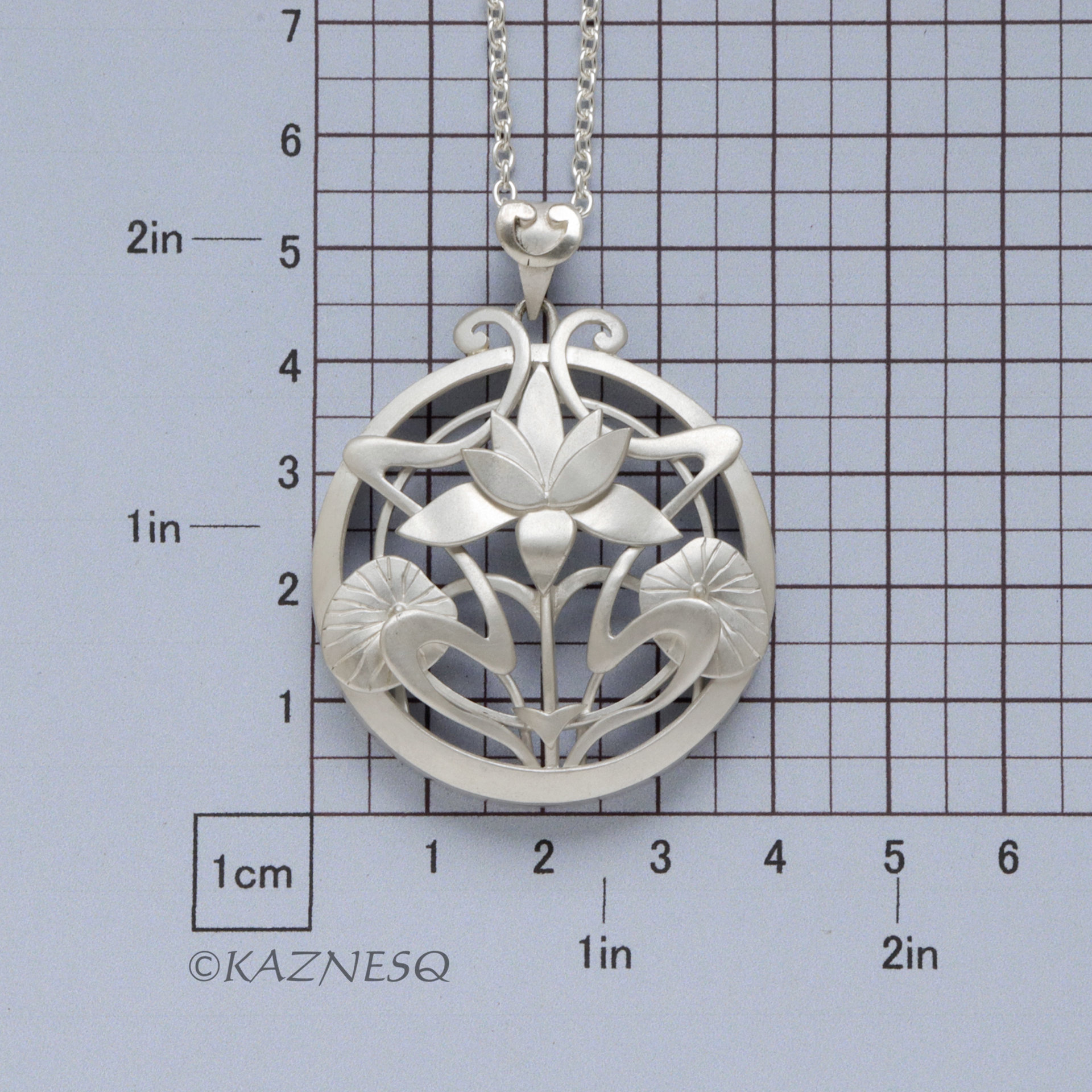(C) KAZNESQ: Art Nouveau style Lotus Flower Matte Silver pendant Necklace