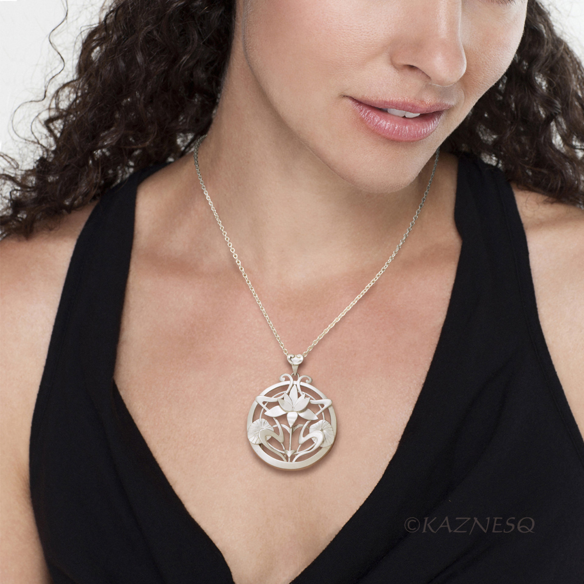 (C) KAZNESQ: Art Nouveau style Lotus Flower Matte Silver pendant Necklace