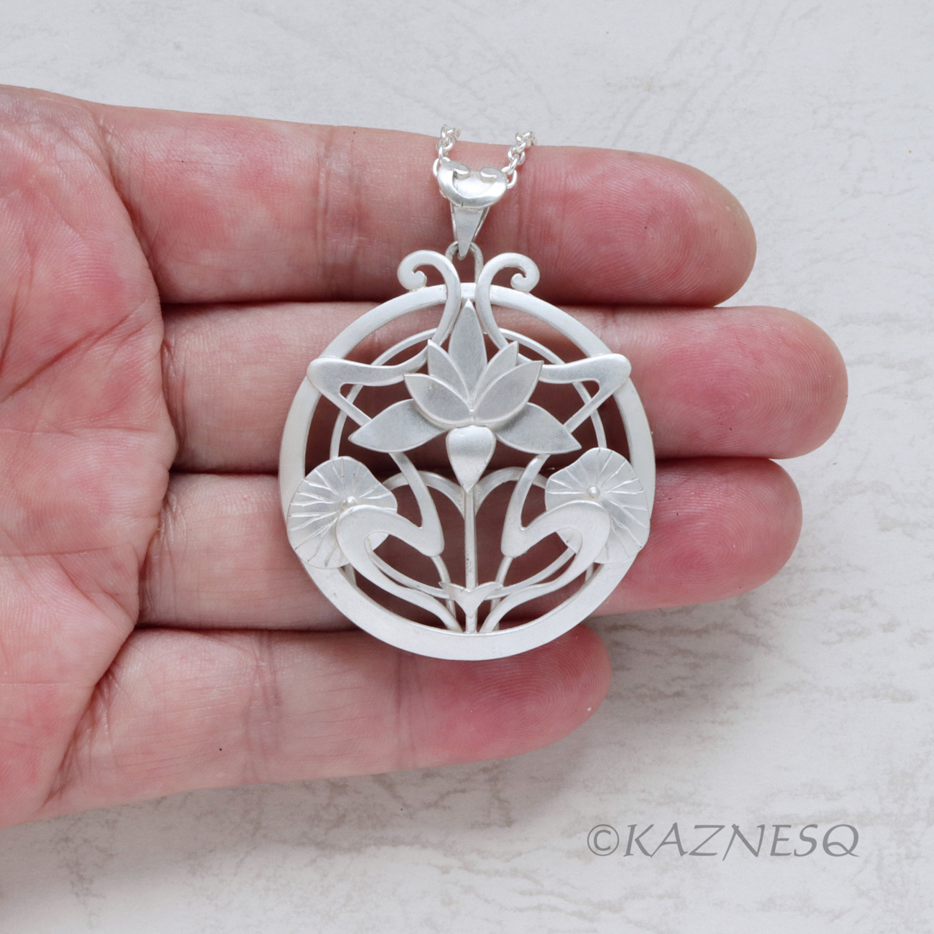 (C) KAZNESQ: Art Nouveau style Lotus Flower Matte Silver pendant Necklace
