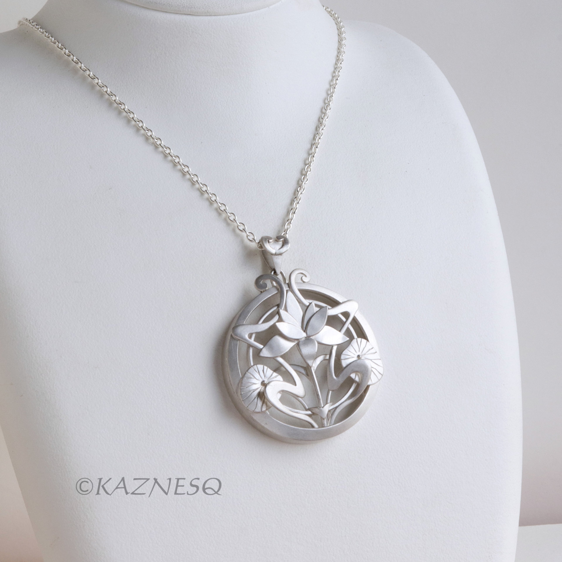 (C) KAZNESQ: Art Nouveau style Lotus Flower Matte Silver pendant Necklace