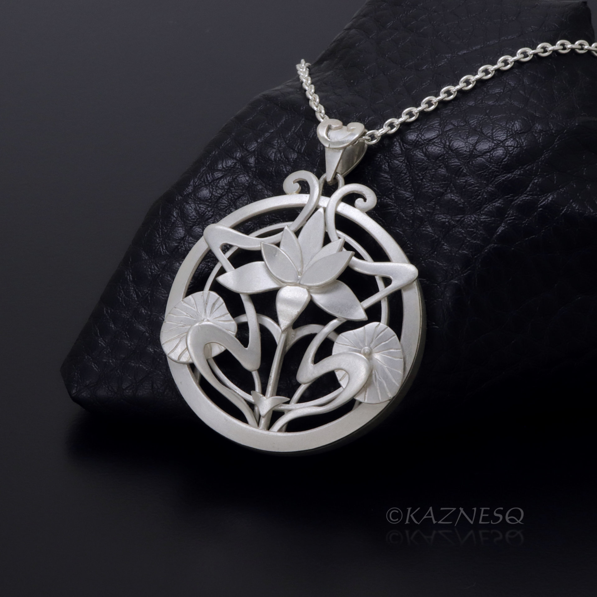 (C) KAZNESQ: Art Nouveau style Lotus Flower Matte Silver pendant Necklace
