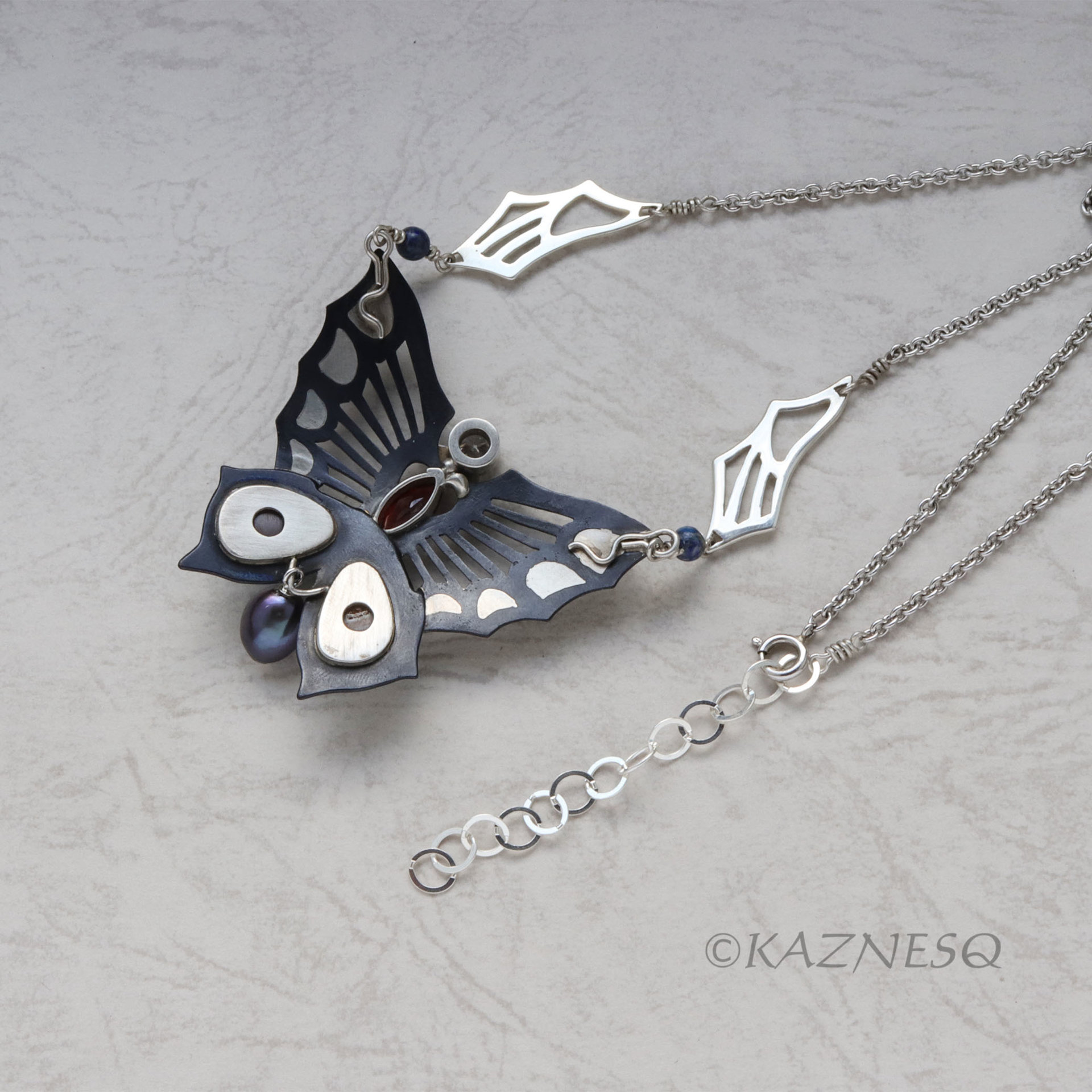 (C) KAZNESQ:Japanese Shakudo Iroage Butterfly pendant with opals, 0.46ct diamond