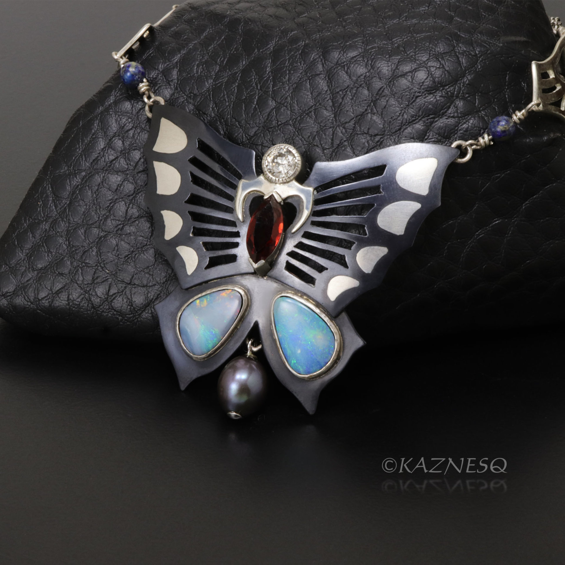 (C) KAZNESQ:Japanese Shakudo Iroage Butterfly pendant with opals, 0.46ct diamond
