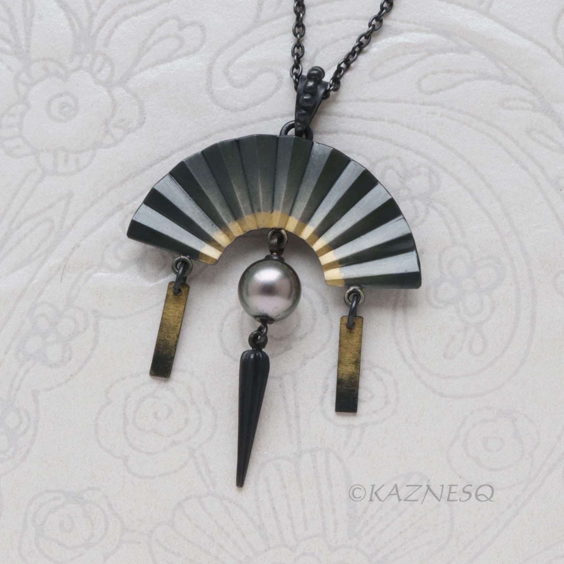 Black Tahitian Pearl Pendant, Oxidized Silver and Gold Powder Fan – Wabi-Sabi Piece