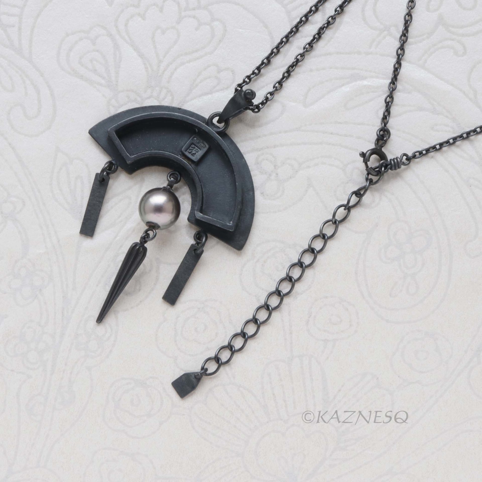 Black Tahitian Pearl Pendant, Oxidized Silver and Gold Powder Fan – Wabi-Sabi Piece