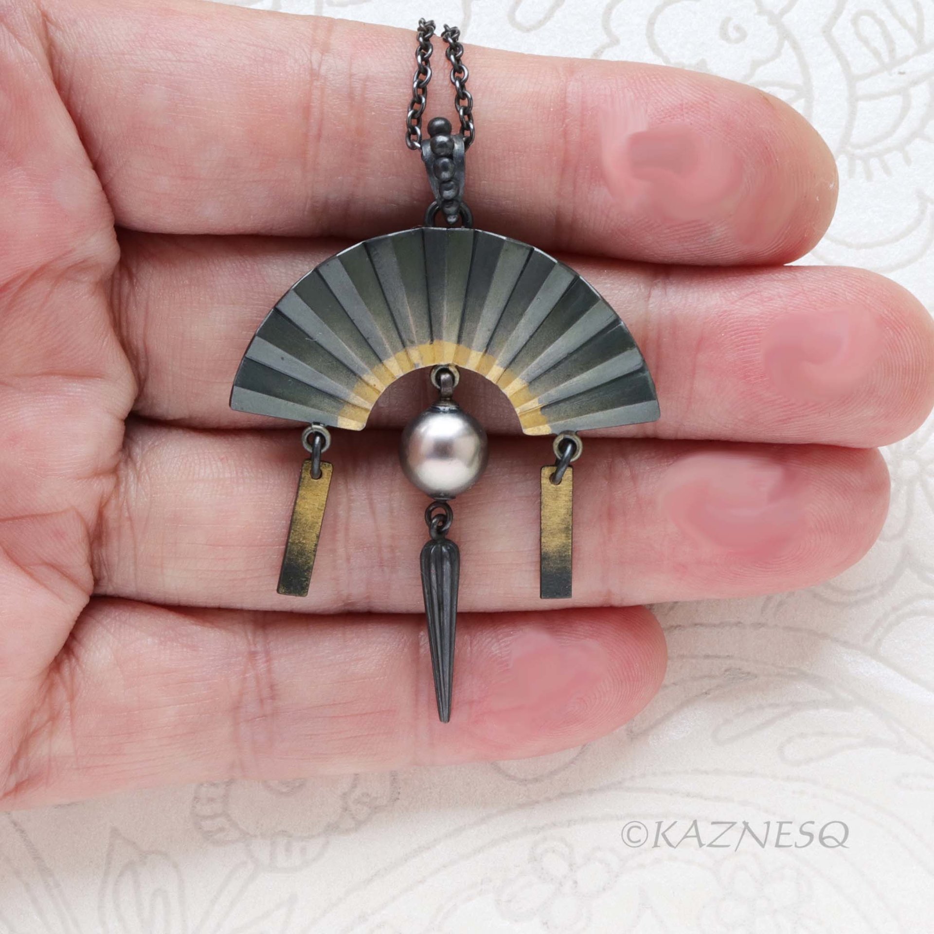Black Tahitian Pearl Pendant, Oxidized Silver and Gold Powder Fan – Wabi-Sabi Piece
