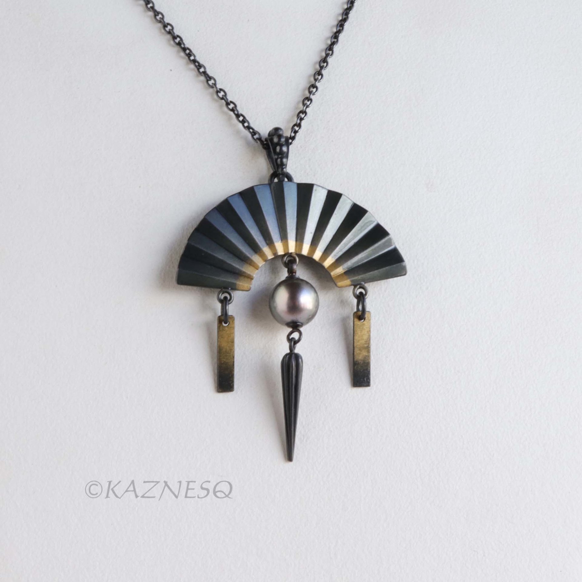 Black Tahitian Pearl Pendant, Oxidized Silver and Gold Powder Fan – Wabi-Sabi Piece