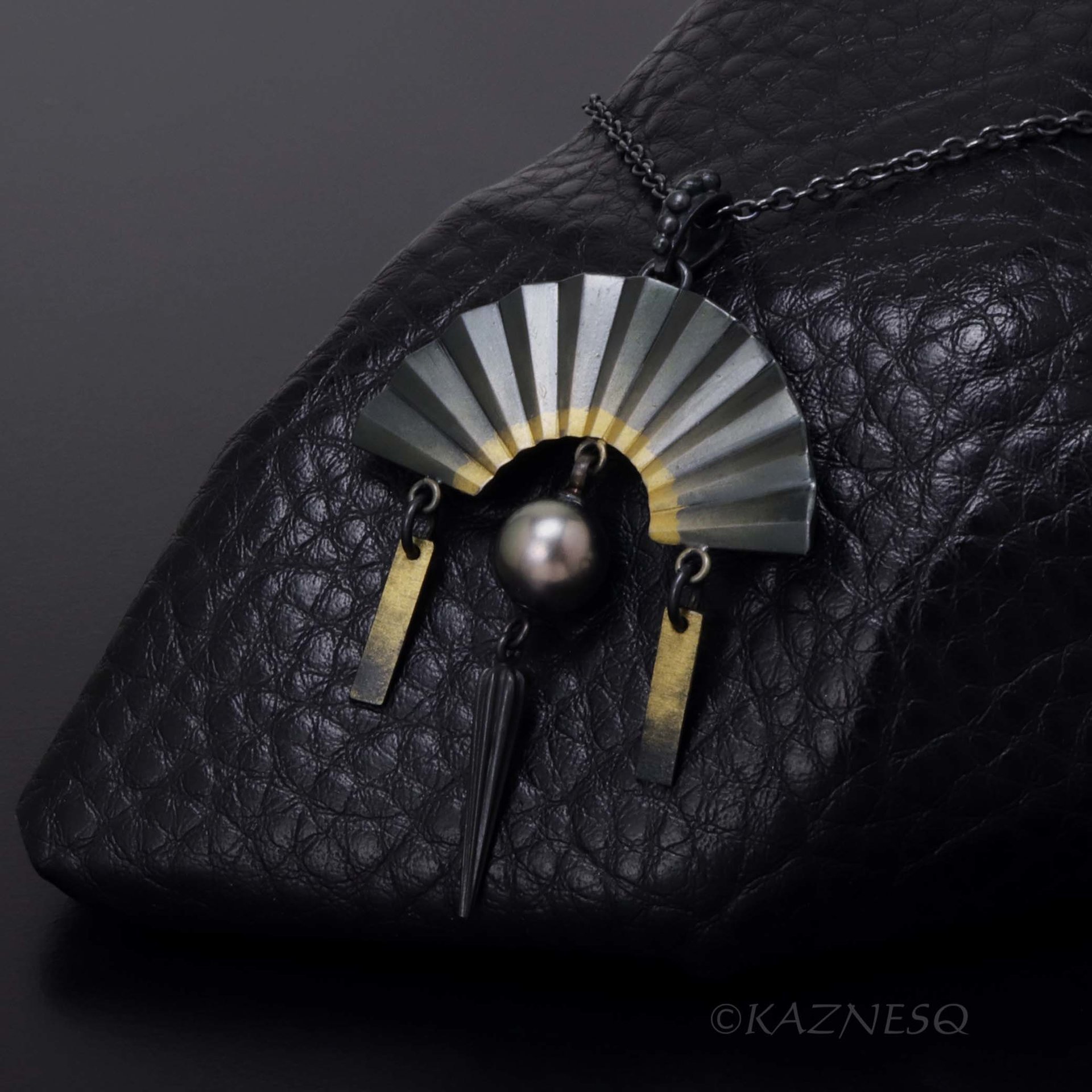 Black Tahitian Pearl Pendant, Oxidized Silver and Gold Powder Fan – Wabi-Sabi Piece