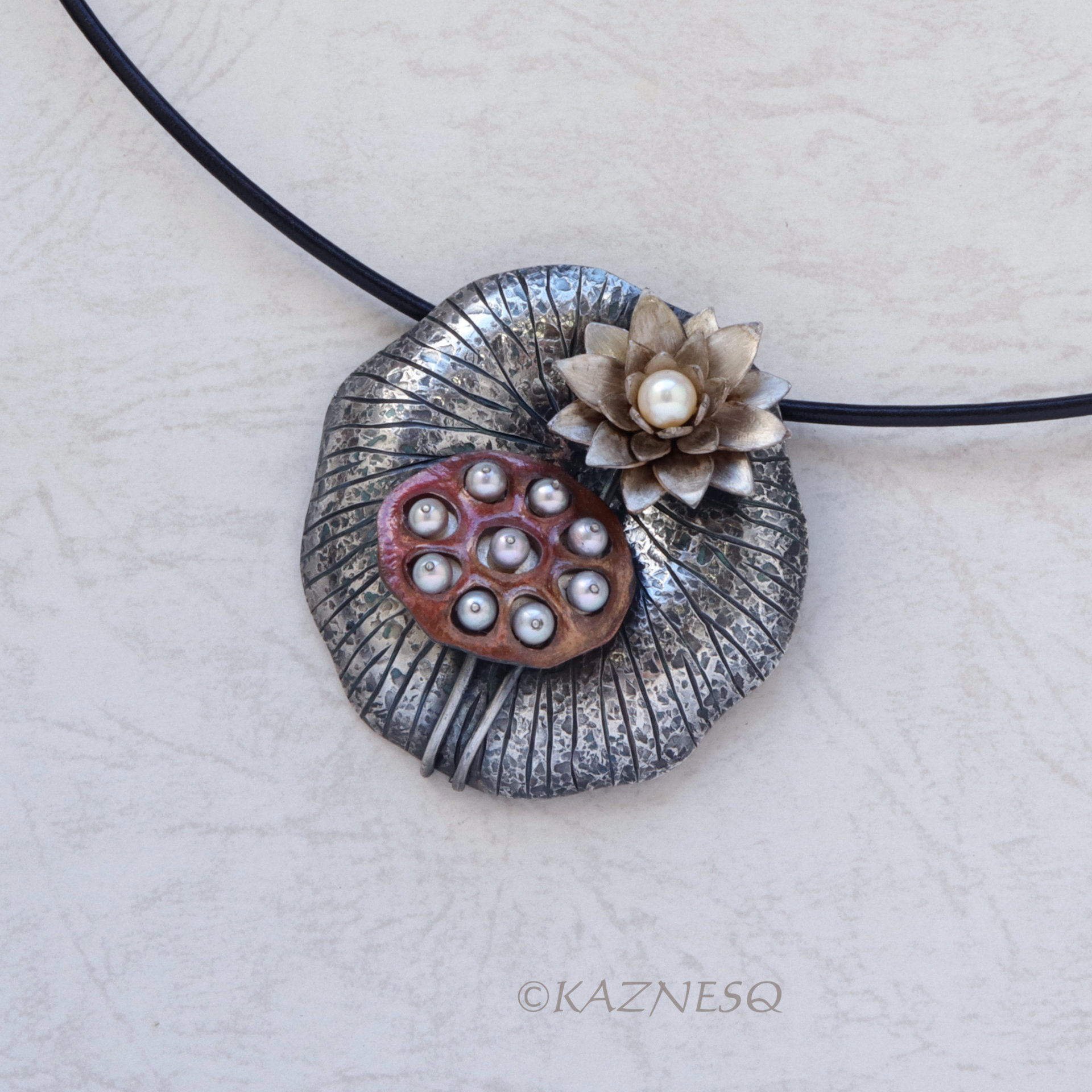 Lotus Seedpod and Flower Akoya Pearl oxidized Silver Necklace.