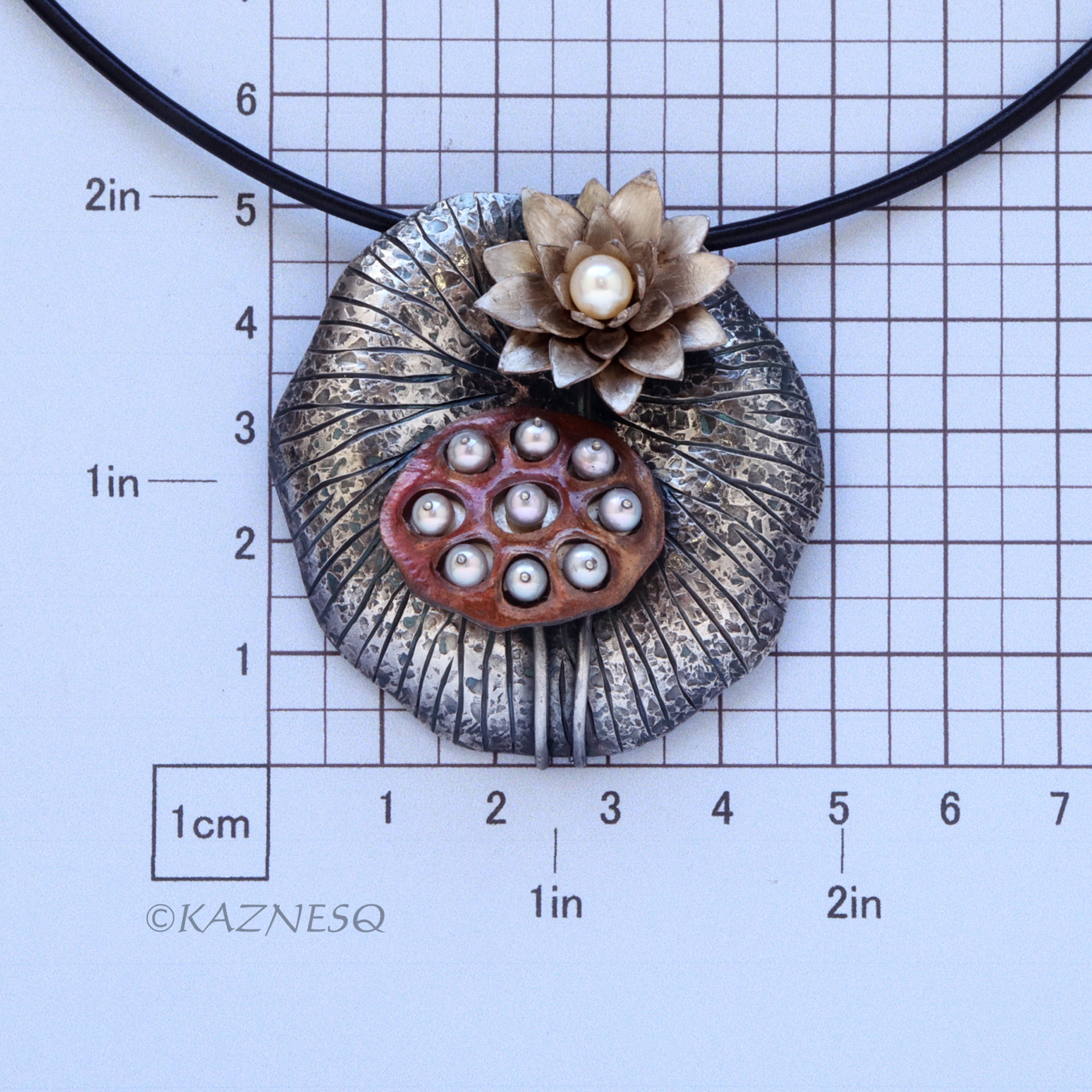 Lotus Seedpod and Flower Akoya Pearl oxidized Silver Necklace.