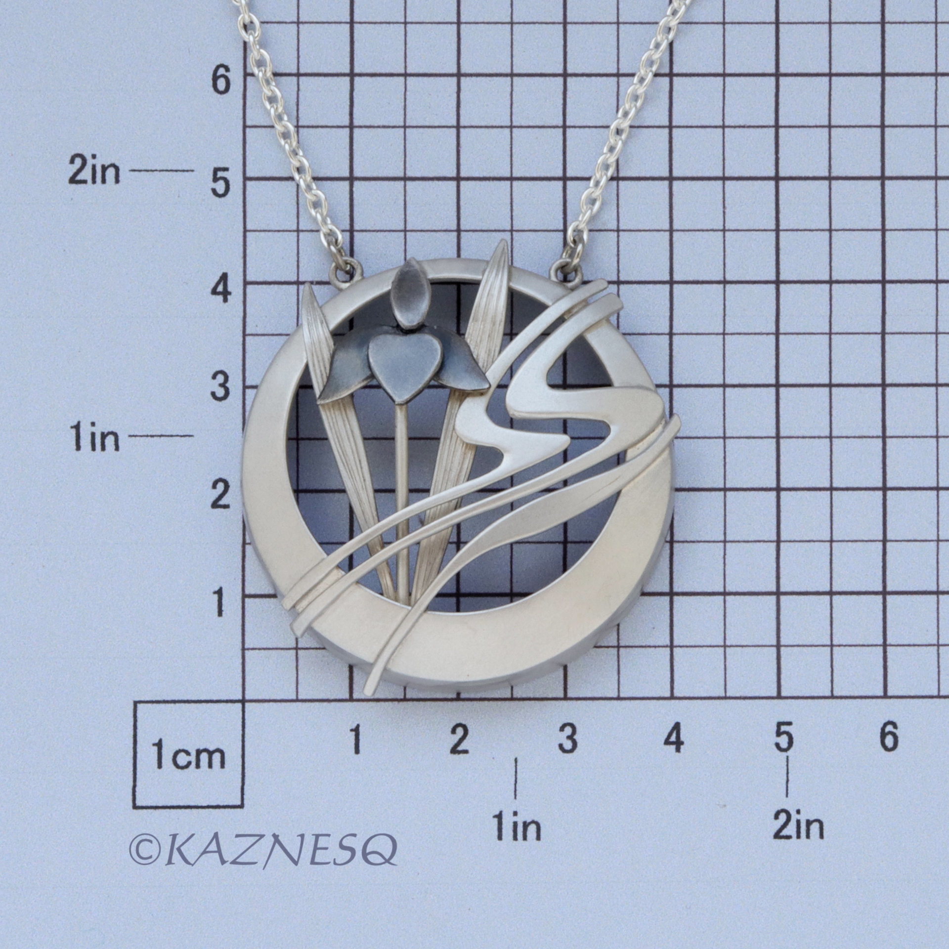 Art Nouveau style iris matte finished silver pendant necklace