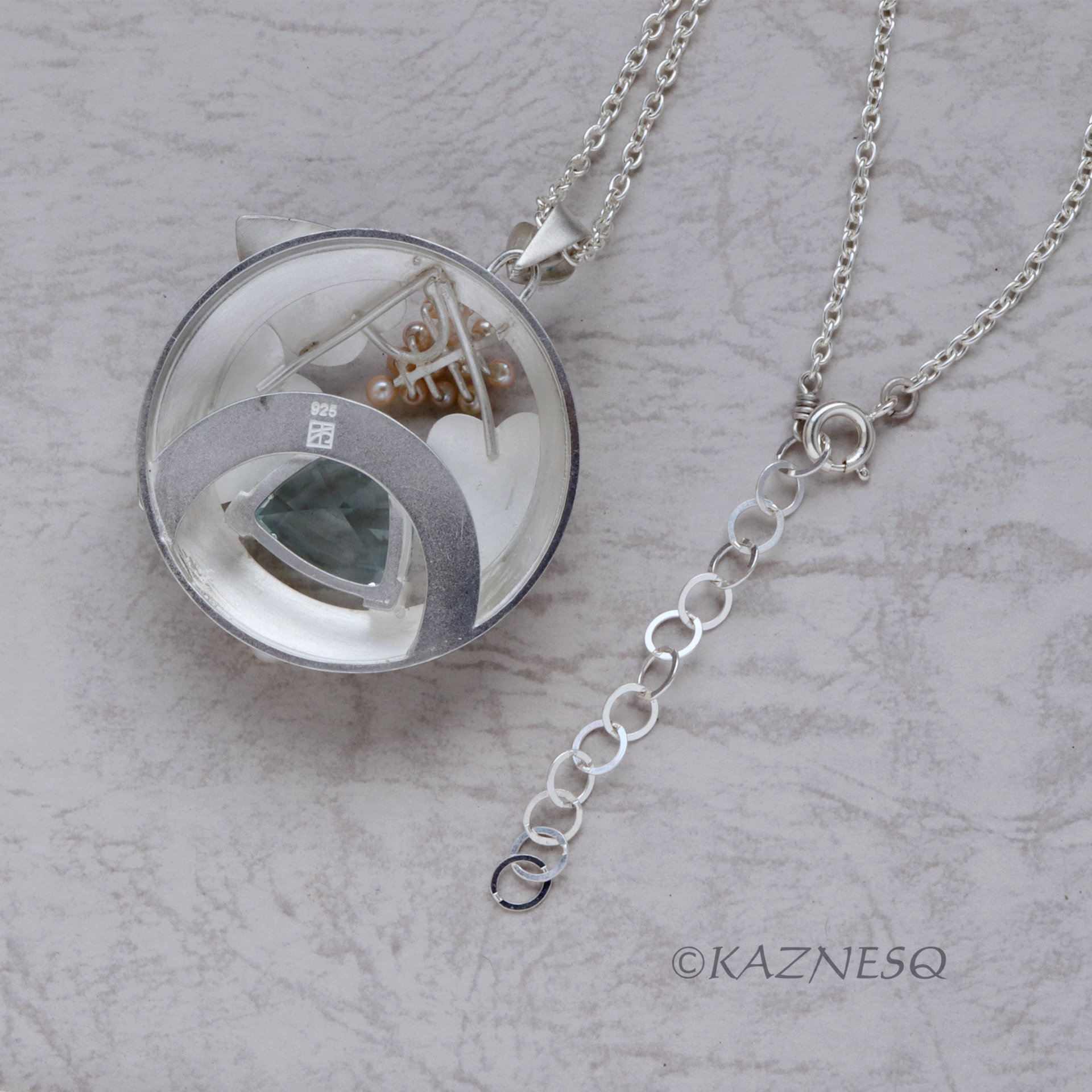 Blue Topaz and Freshwater Pearls matte finished silver leaf pendant necklace