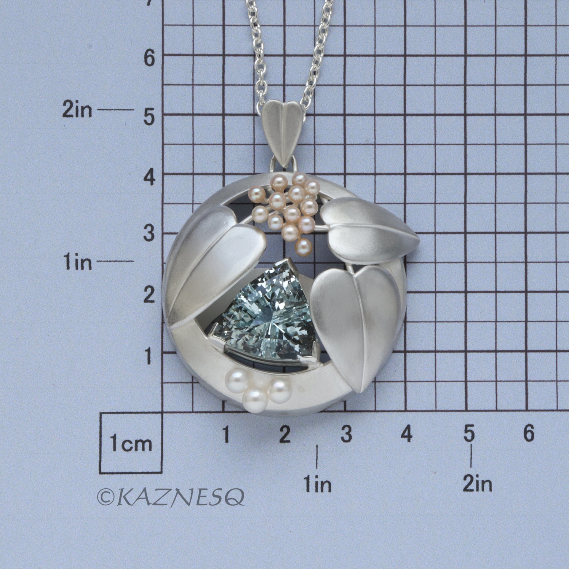 Blue Topaz and Freshwater Pearls matte finished silver leaf pendant necklace