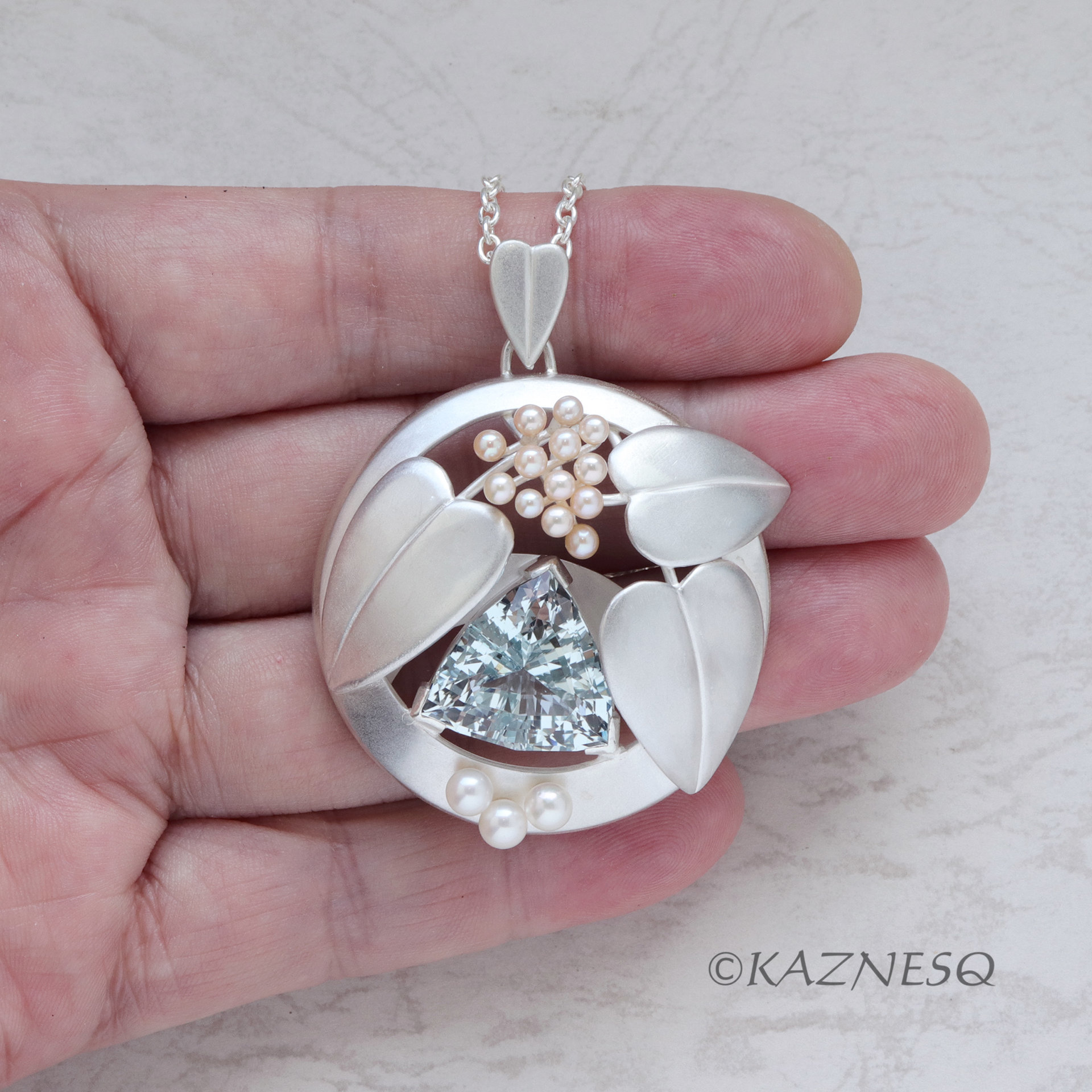 Blue Topaz and Freshwater Pearls matte finished silver leaf pendant necklace