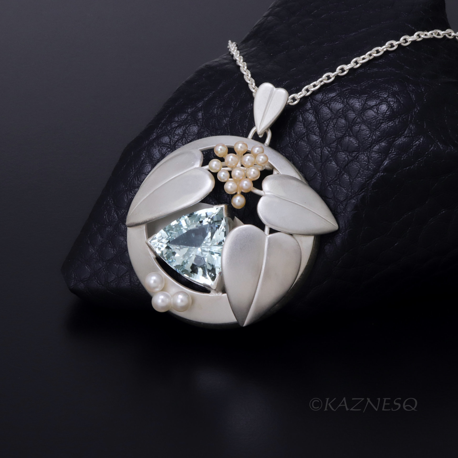 Blue Topaz and Freshwater Pearls matte finished silver leaf pendant necklace