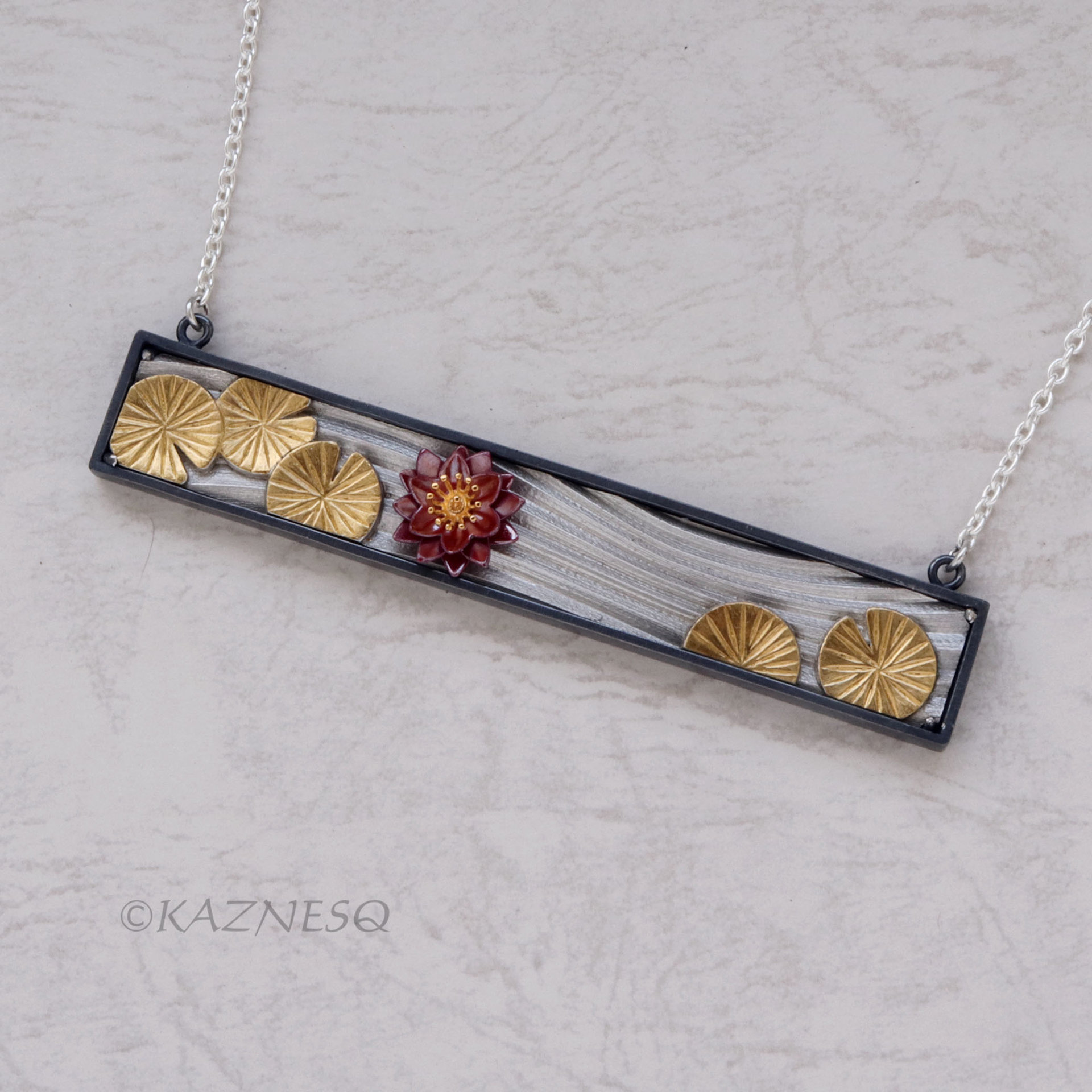 Water Lily and Water Pattern Rectangle Necklace with Keum Boo and Red Patina Copper
