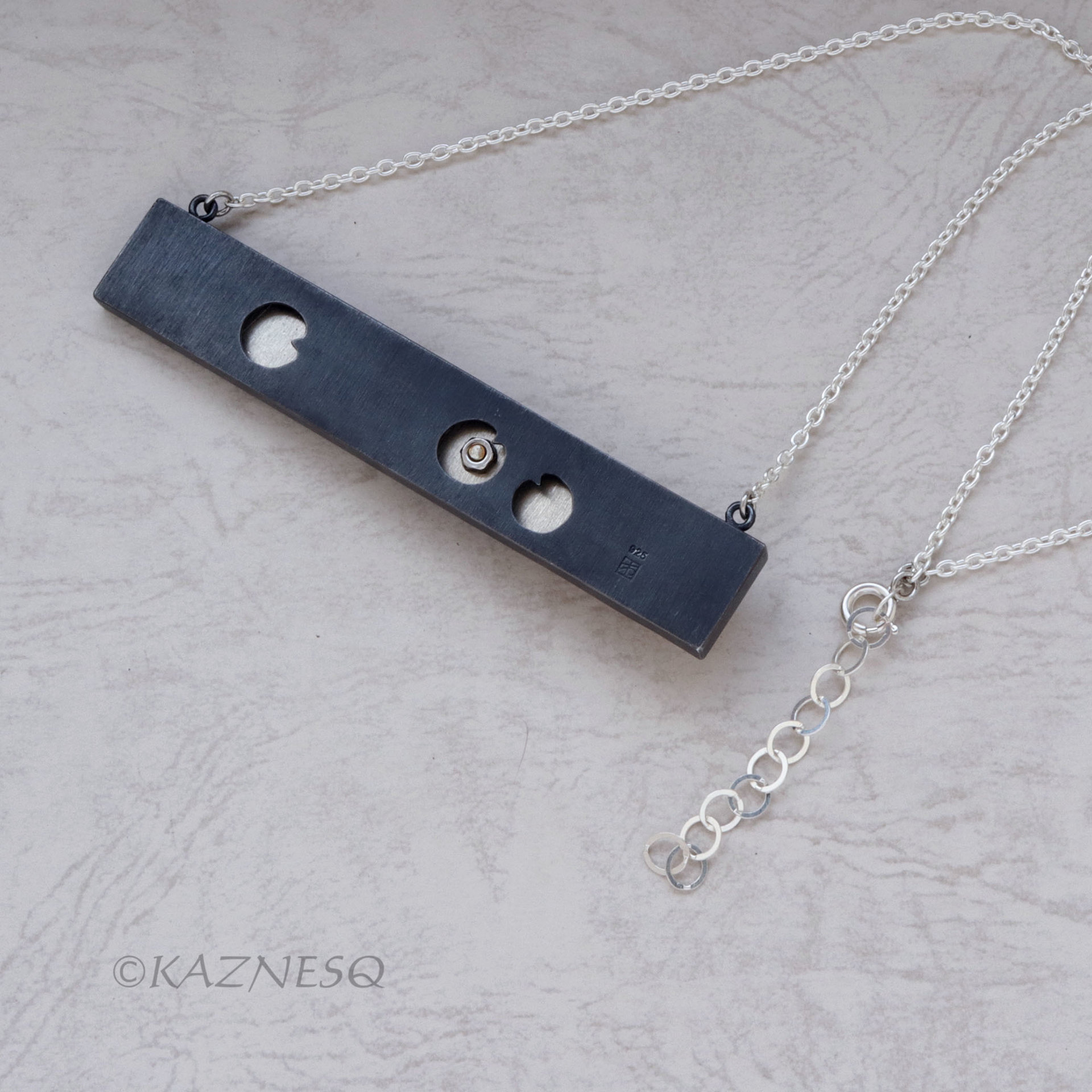 Water Lily and Water Pattern Rectangle Necklace with Keum Boo and Red Patina Copper