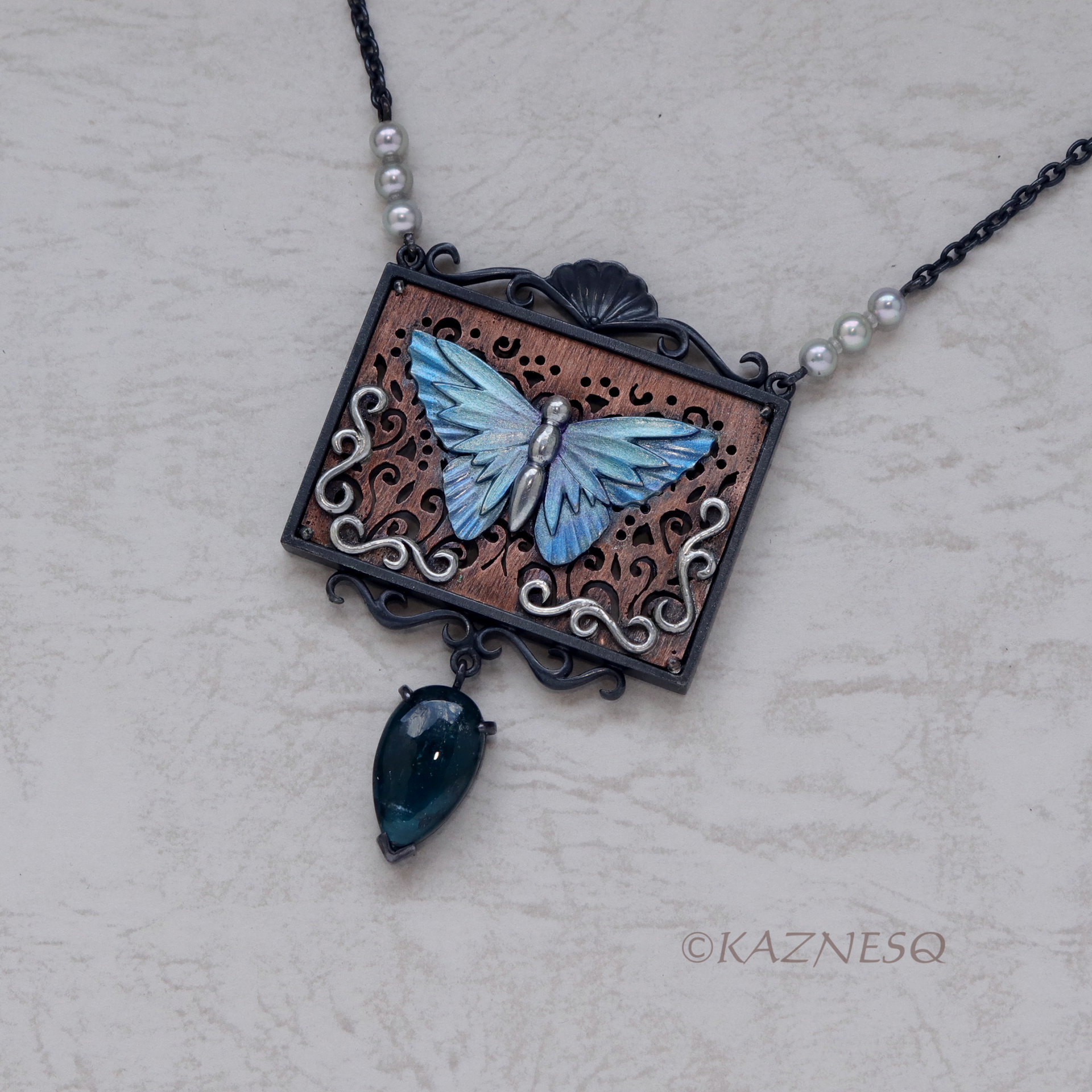 Antique Taste Blue Butterfly Rectangle Pendant Necklace of Copper and Oxidized Silver and Kyanite