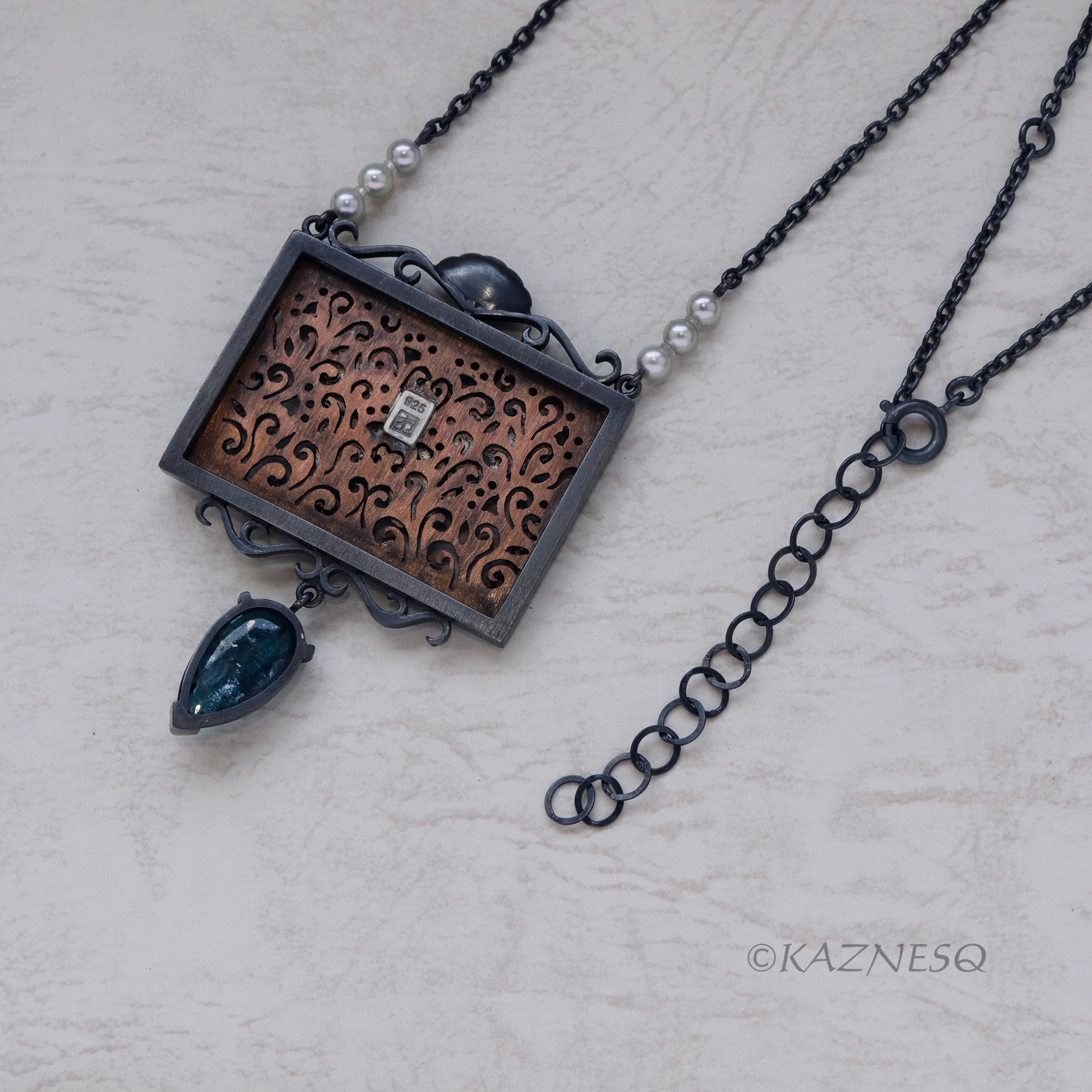 Antique Taste Blue Butterfly Rectangle Pendant Necklace of Copper and Oxidized Silver and Kyanite