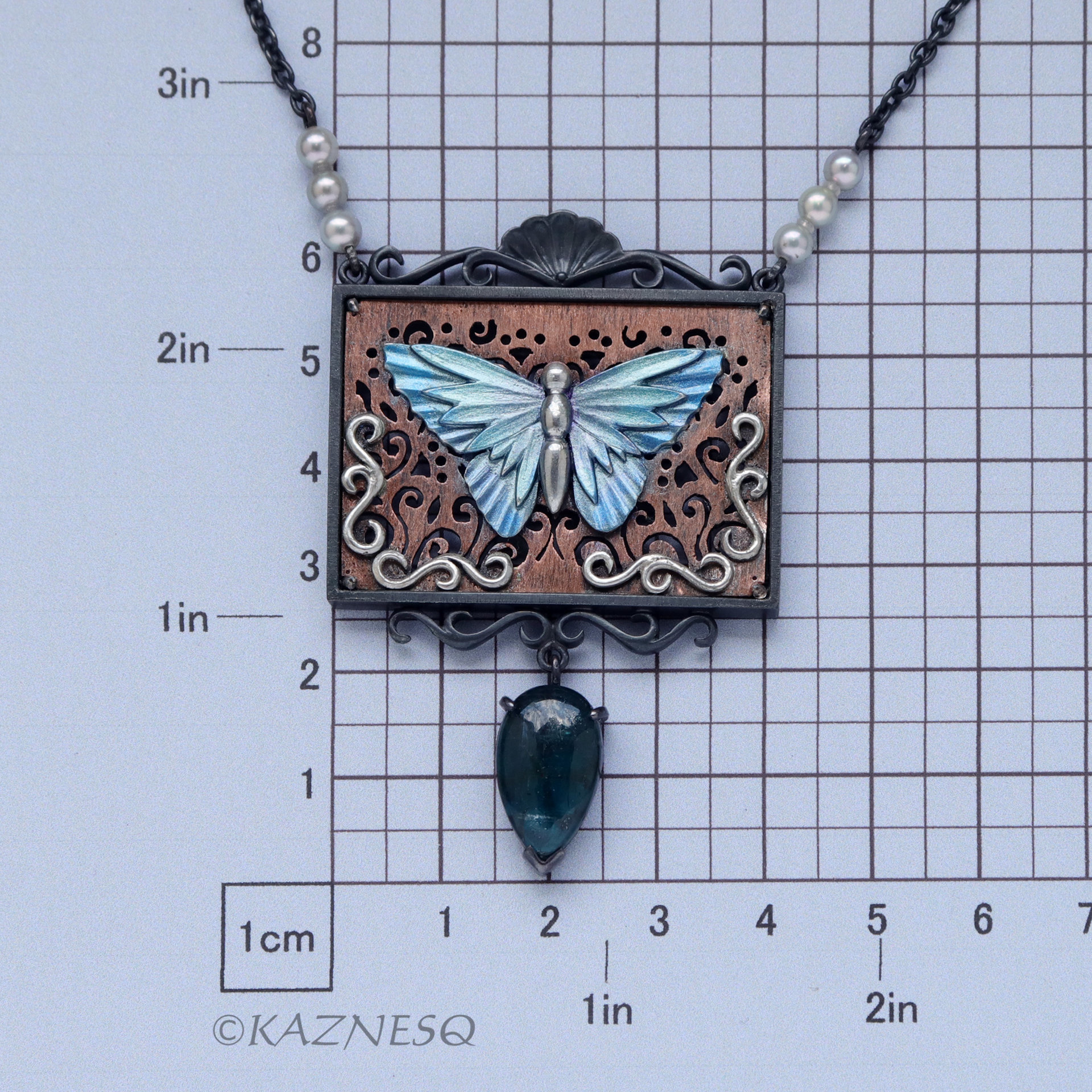 Antique Taste Blue Butterfly Rectangle Pendant Necklace of Copper and Oxidized Silver and Kyanite