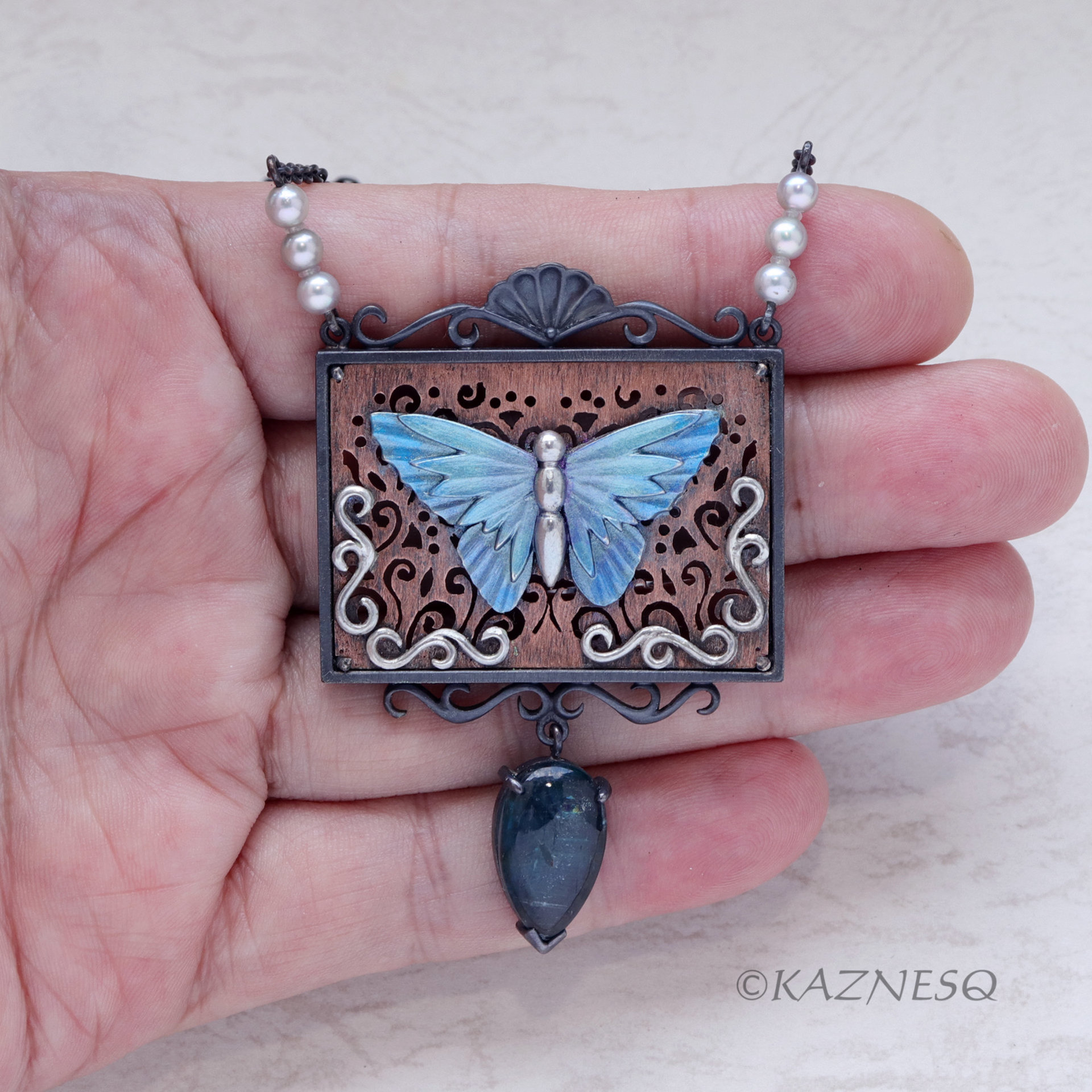 Antique Taste Blue Butterfly Rectangle Pendant Necklace of Copper and Oxidized Silver and Kyanite