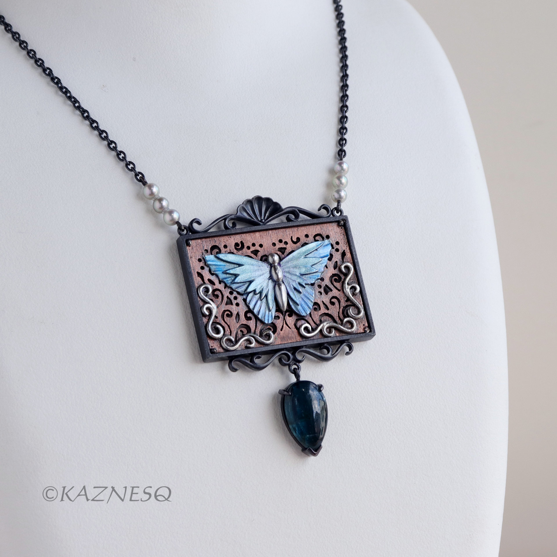Antique Taste Blue Butterfly Rectangle Pendant Necklace of Copper and Oxidized Silver and Kyanite
