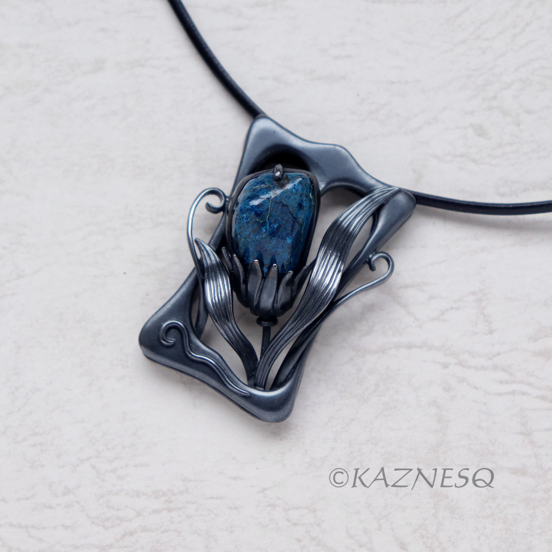 Art Nouveau style Shattuckite Oxidized Silver Floral Pendant Necklace