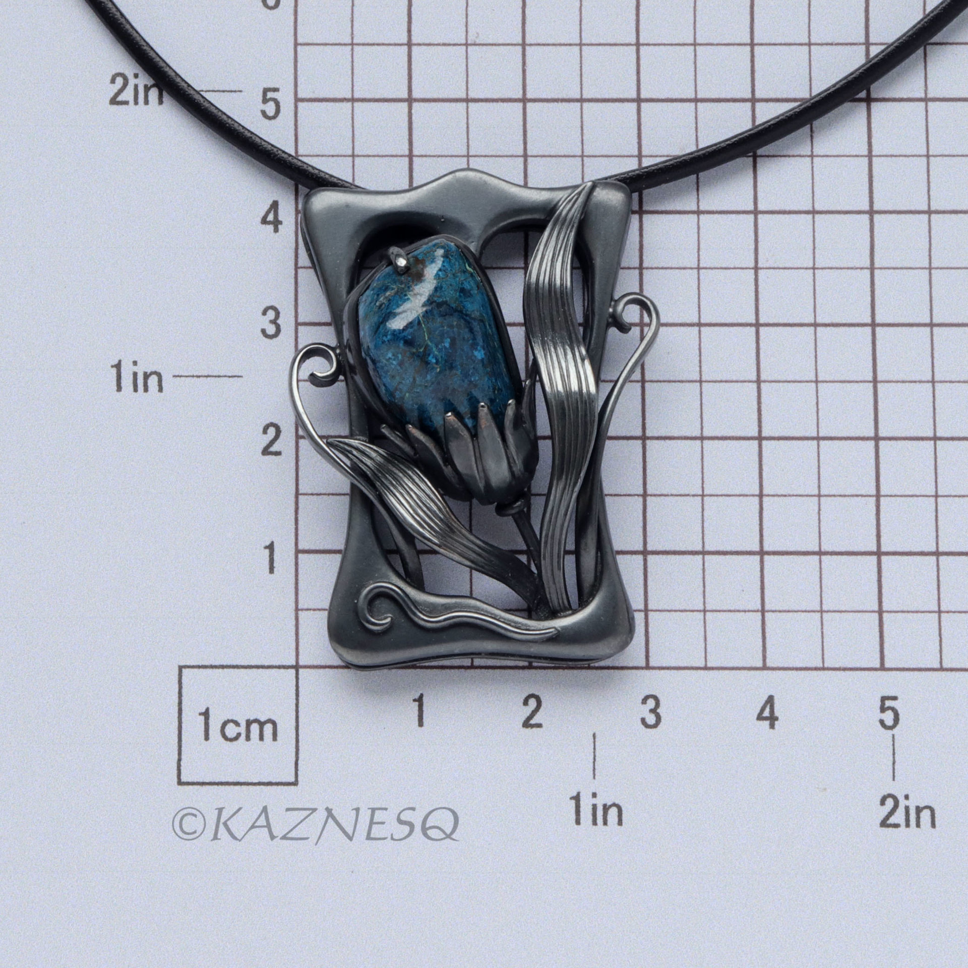 Art Nouveau style Shattuckite Oxidized Silver Floral Pendant Necklace