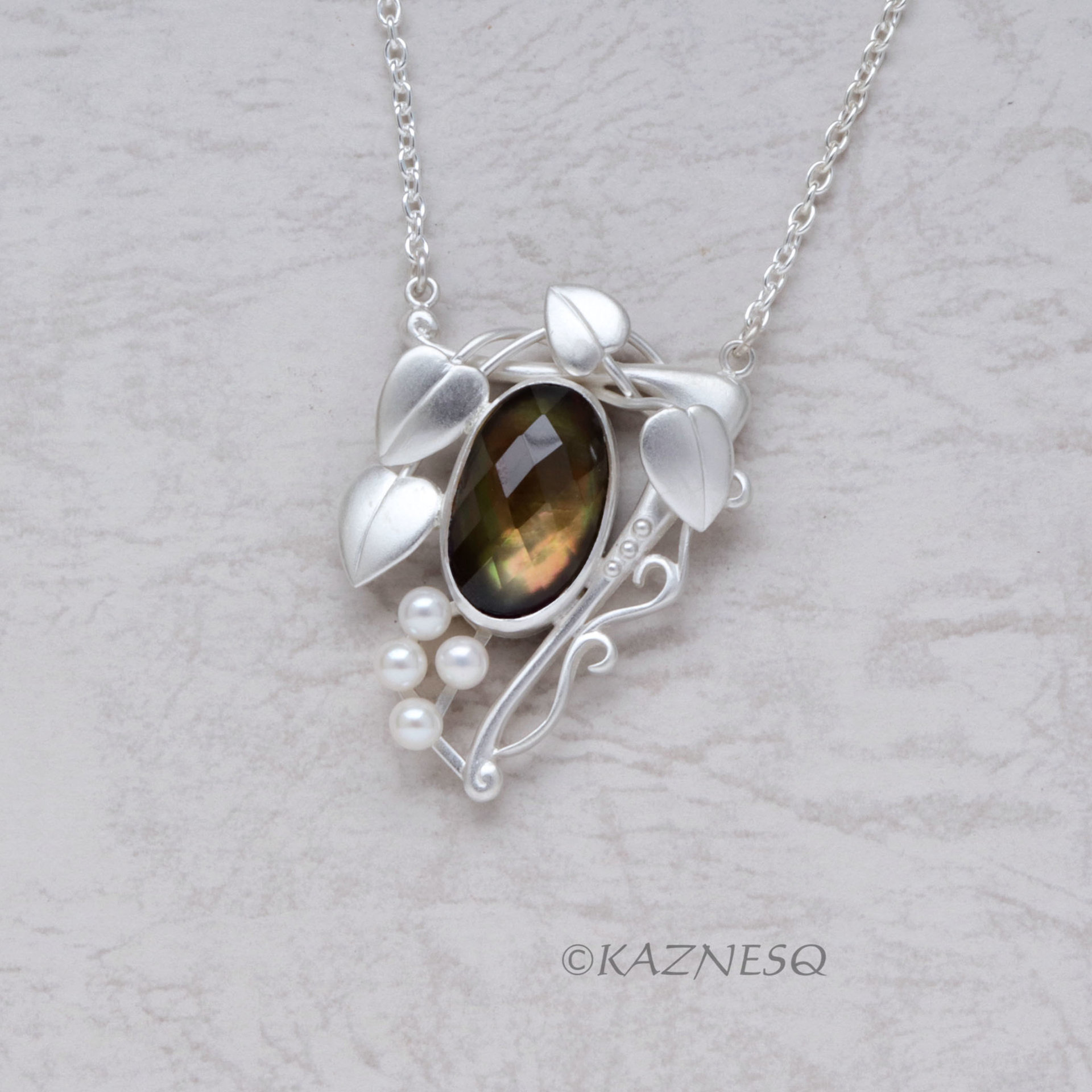 Citrine + Mother of Pearl leaf motif Art nouveau matte silver pendant necklace